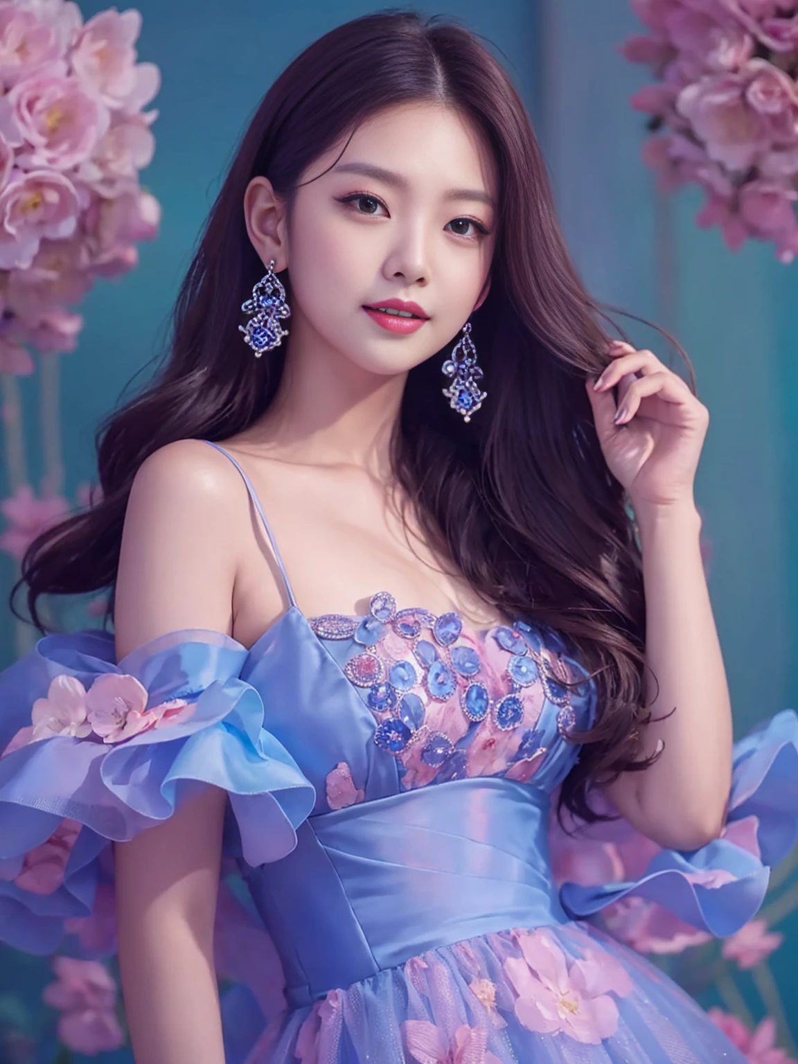 Araped woman wearing blue and rose themed dress, woman alone, Best Face, Chassis, blackpink jennie, model shooting pose, Yanjun Chengt, Popular Korean Makeup, Exciting and cute aesthetics, Jinyoung Shin, Popular Korean Makeup, Inspired by Hwangji, beautiful girl, official artwork, very beautiful cute girl, smile, Swarovski dress, sparkly dress, pov, 8k, super detail, ccurate, best quality, UHD, anatomically correct, super detail, high quality, ccurate