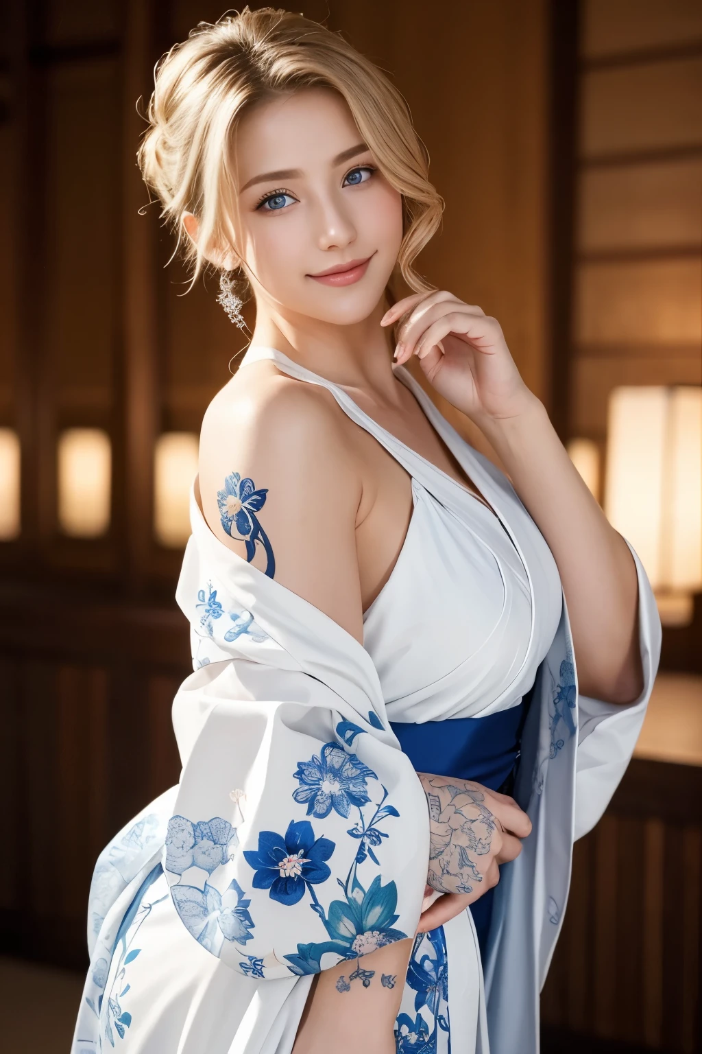 Gorgeous Japanese costumes、White kimono、Fireworks display、On the chest、Full Body Tattoo、Hair tied up、Full body photo、Sexy Face、short hair、 A look of complete lust、(((masterpiece)))、((highest quality))、((超Realistic))、成熟したwoman、成熟したwoman、perspective、Very detailed、Perfect hands、Finger details、beautiful and detailed eyes、Brown eyes muscular body、Perfect captivating eyes、Best image quality、Fine-grained image quality、beautiful、European, woman, woman Italian, Italian, smile、blue eyes、jewelry, blue eyes, Realistic, High resolution, Soft Light,Hip Up, Glowing Skin, (Detailed face),Full Body Tattoo、jewelry, , night, Blonde Hair, Wavy Hair, beautiful soldier, attractive appearance, smile, Perfect Style, Perfect balance, Fine skin, Embarrassed look、