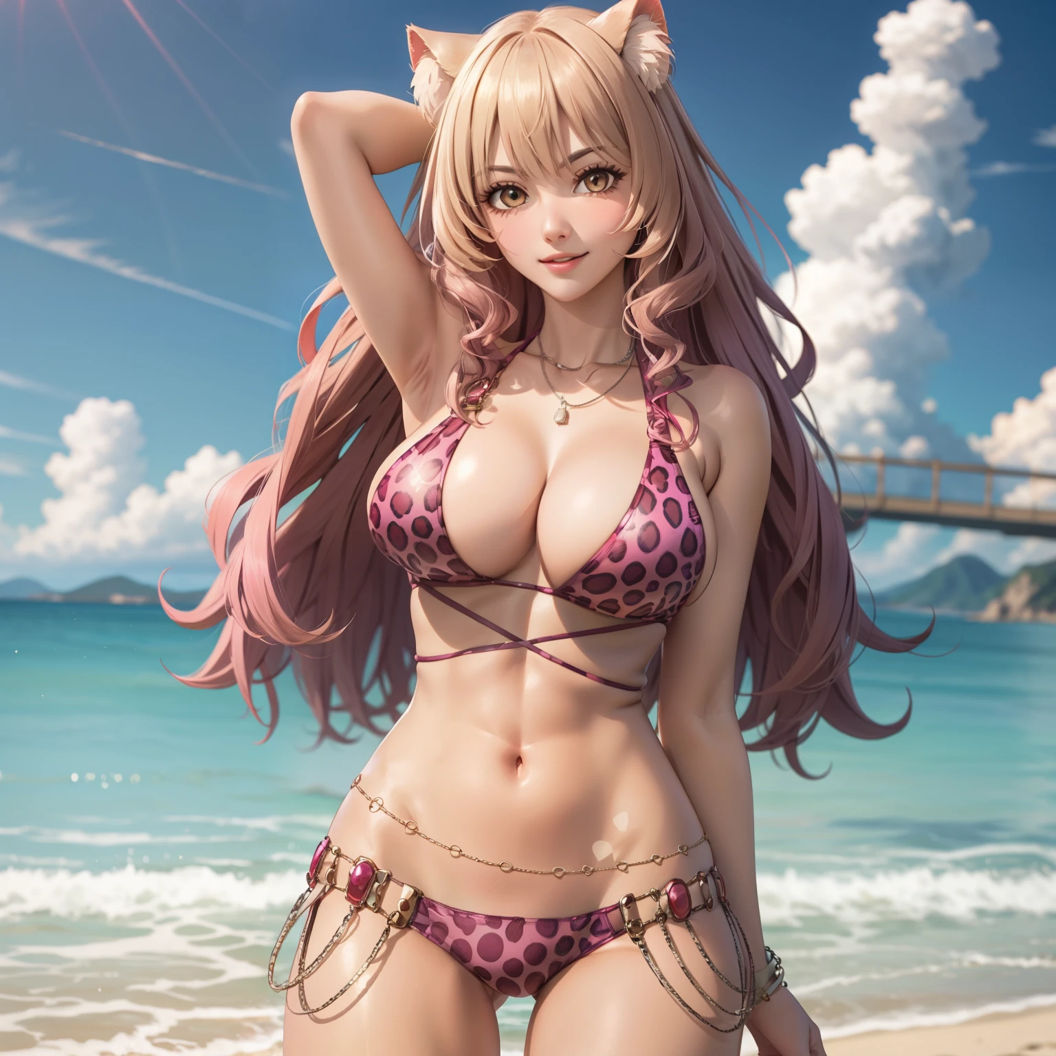 Raphtalia woman 27 años, cabello rubio con puntas rosadas, sonrisa, orejas de oso, ojos rosados, pechos grandes, piel morena, piel muy bronceada, pink leopard print bikini, accesorios. one arm behind head, una sola mujer. mujer sola. rubia cabello rubio, manos perfectas , rubia. fondo una playa.