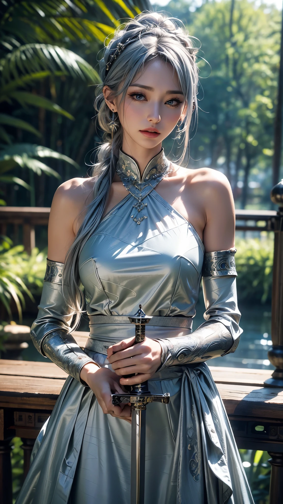 masterpiece, best quality, 8K, Extremely detailed, official art works, battle maid, Maid costume, Young beautiful woman, Solitary, Mature face, Perfect facial features, radiant skin, Shining eyes, Gray eyes, Long silver hair, Light blue hair accessories, Extremely detailed eyes, Hyper-realistic eyes, daytime, Forest background, Green Leaf, river, Wooden bridge, Aesthetic, Upper Body, Chrome Silver Wrist Armor, Beautiful sword Chinese zodiac holding a sword, Symmetrical clothes, Flawless Clothes, Detailed clothes, Detailed sword, Flawless Sword, Highly detailed graphic wrist guard, Detailed background, Bokeh, Depth of Field, Layer cutting, Perfect CG, CG Unity