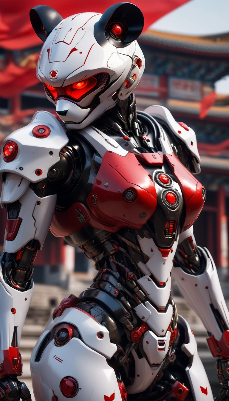 an ultra detailed, hiper realism, digital art, of a mecha panda, red eyes, with in an elegant China flag colors in your cyborg armor with mechanic parts and cyborg helmet , sci-fi armor, super detailed armor, carbon textures, ghost in the shell, deus ex, full body shot, action pose, ultra sharp focus, award winning photography, perfect contrast, high sharpness, depth of field, ultra detailed photography, global illumination, smooth, 18mm, full body vision, ultra high definition, 8k, unreal engine 5, ultra sharp focus, award winning photography, trending on artstation