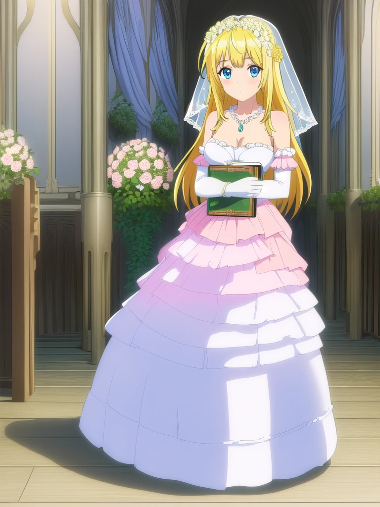 (((Best quality))),((Ultra-detailed)),((illustration)),((Disheveled hair)),((frilld)),(1 girl),(Solo), 1girl,book,bookshelf,collarbone,dress,elbow gloves,flower,gloves,indoors,jewelry,looking at viewer,medium breasts,necklace,long hair,solo,wedding dress,pink dress,full body, blonde hair,blue eyes,
