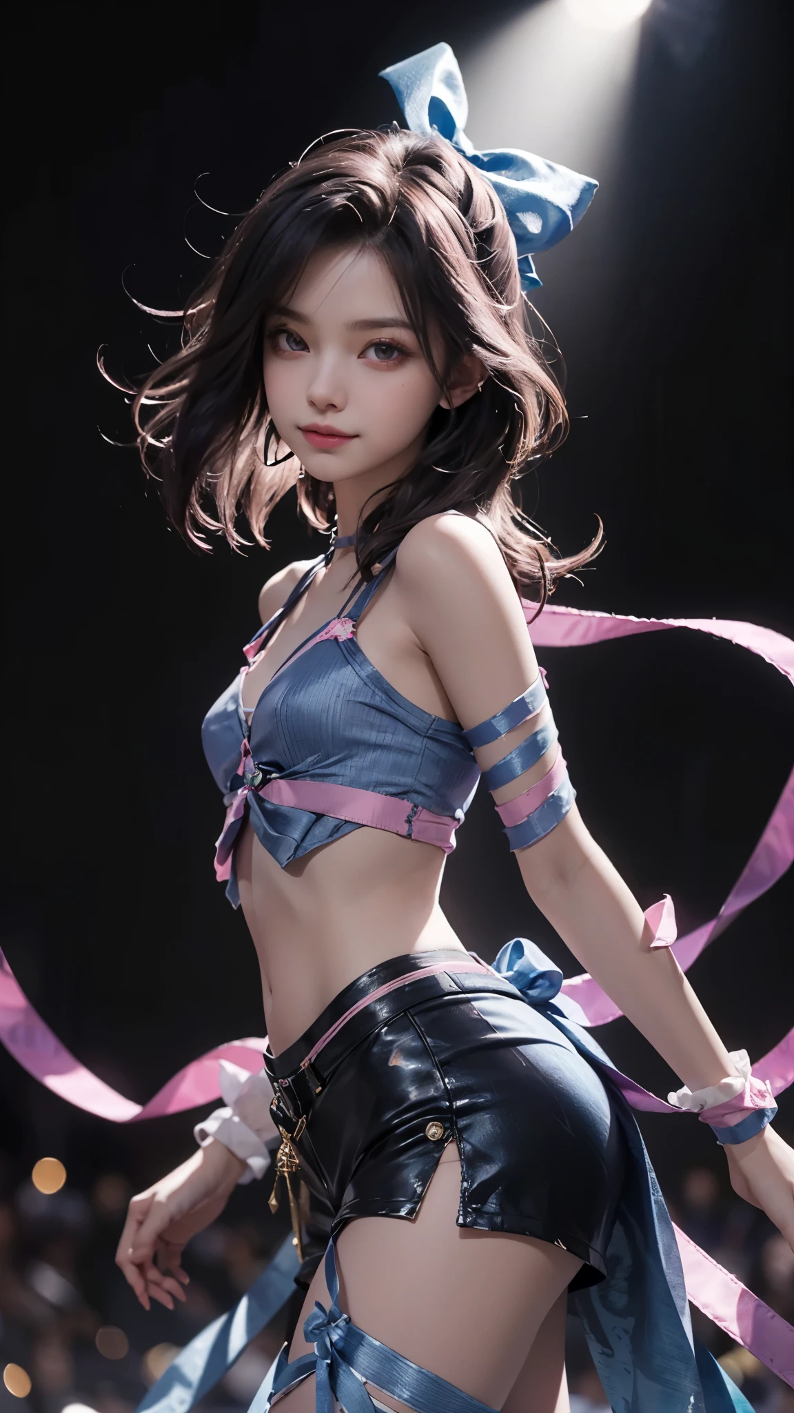 (ultra-realistic realism), (illustratio), (A high resolution), (8K), (The is very detailed), (Best Illustration), (Beautifully detailed eyes), (top-quality), (ultra - detailed), (tmasterpiece), (the wallpaper), (A detailed face), solo, 1 girl in, looking at viewert, finedetail, A detailed face, in the darkness nigth, deep shading, low tune, pureerosfaceace_V1, A smile, blue shawl ,straight hair, 46-point diagonal bangs, (Silk clothing, short clothing, strips), (strips:1.5), (strait ribbon:1.5), (cropped shoulders), The view of the night city,Light pastel coloured outfit,Nipples,streaks,Small breasts,near-flat chest,Very small hips,Very thin waist,Very thin legs,Very thin thighs,Morning Glow,In the spotlight,Pink nipples,Long inseam,Dynamic dance with legs spread wide,Flatter Chest,Smaller Hips,Flatter butt,