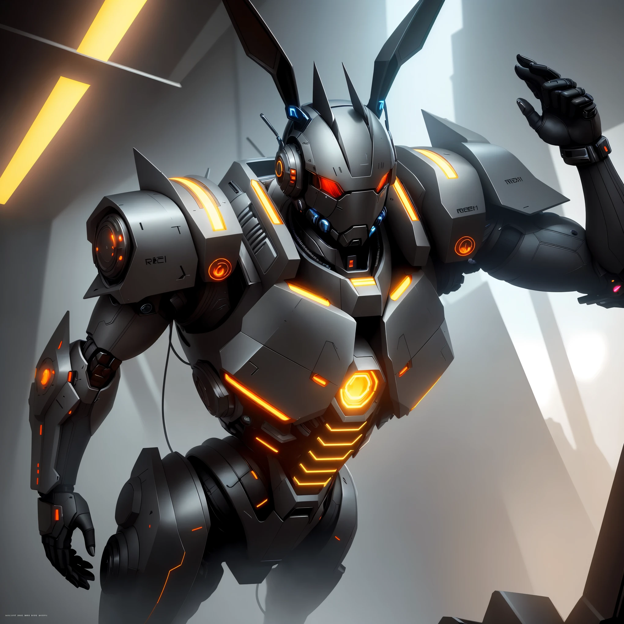 A mech with rabbit ears in a futuristic combat stance, rich in details, steel texture, cool and sci-fi vibe, enhanced by studio lighting effects like HDR and ultra-fine painting, set against a sci-fi background, highres, vivid colors, with a focus on realistic rendering and extreme detail description.