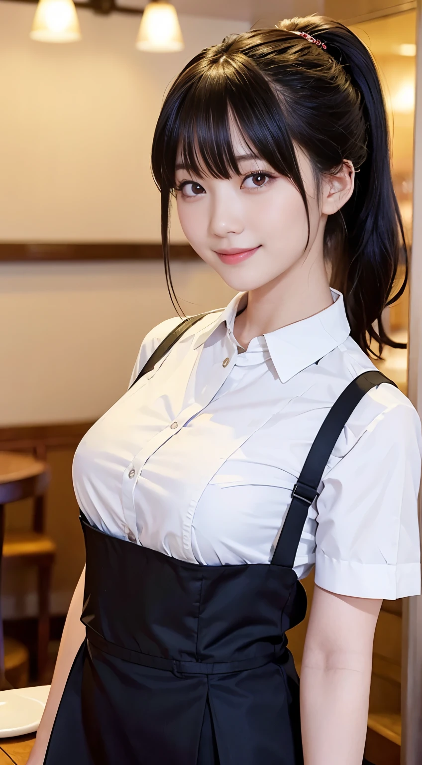 (highest quality,masterpiece:1.3,Ultra-high resolution,),(Very detailed,Caustics),(Photorealistic:1.4,RAW shooting,)Ultra-Realistic Capture,Very detailed,High resolution 16K human skin closeup。 Natural skin texture、,Pores、、、、It must be detailed enough to be easily identifiable。 Skin tone is even and healthy looking。 Use natural light and color,restaurant,Waitress Uniform,1 girl,Japanese,18-year-old,cute,Black-haired,ponytail,Big Breasts,smile,Turn your body forward,(Front view:1.1),Looking at the camera,Cowboy Shot,