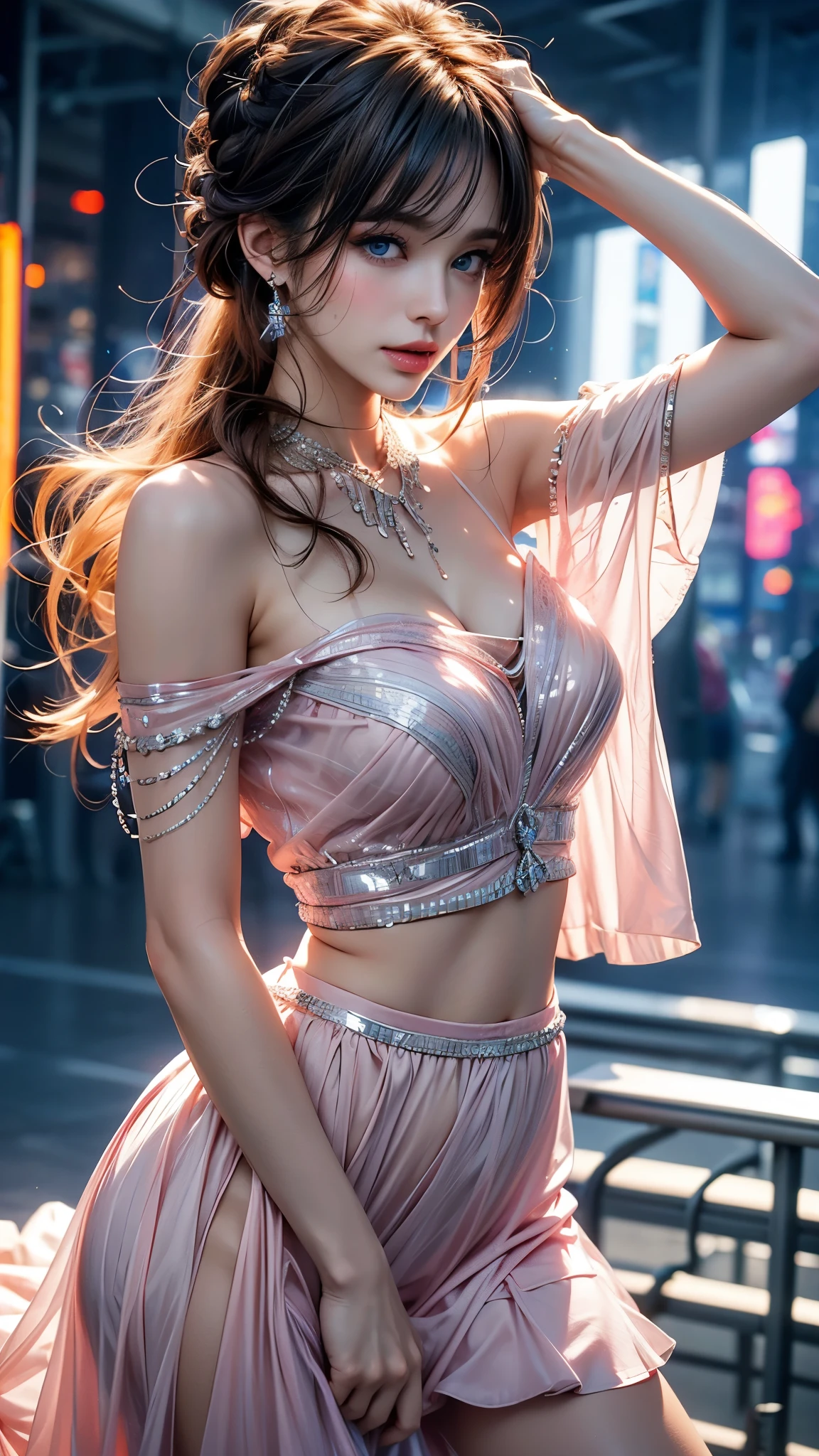 best quality, masterpiece, Ultra-high resolution, Reality, portrait, elegant adult woman, blue eyes, long hair, side bangs, Pink skirt, Transparent dress, 4K resolution, High quality CG, feminine pose, Fair