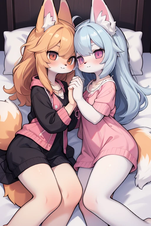 Fox and wolf, 2girls, any outfit, in bedroom at bed, undersized outfit, full face blush, laying in bed, any posez doing anything, proper human anatomy, furry, fluffy fur and tail