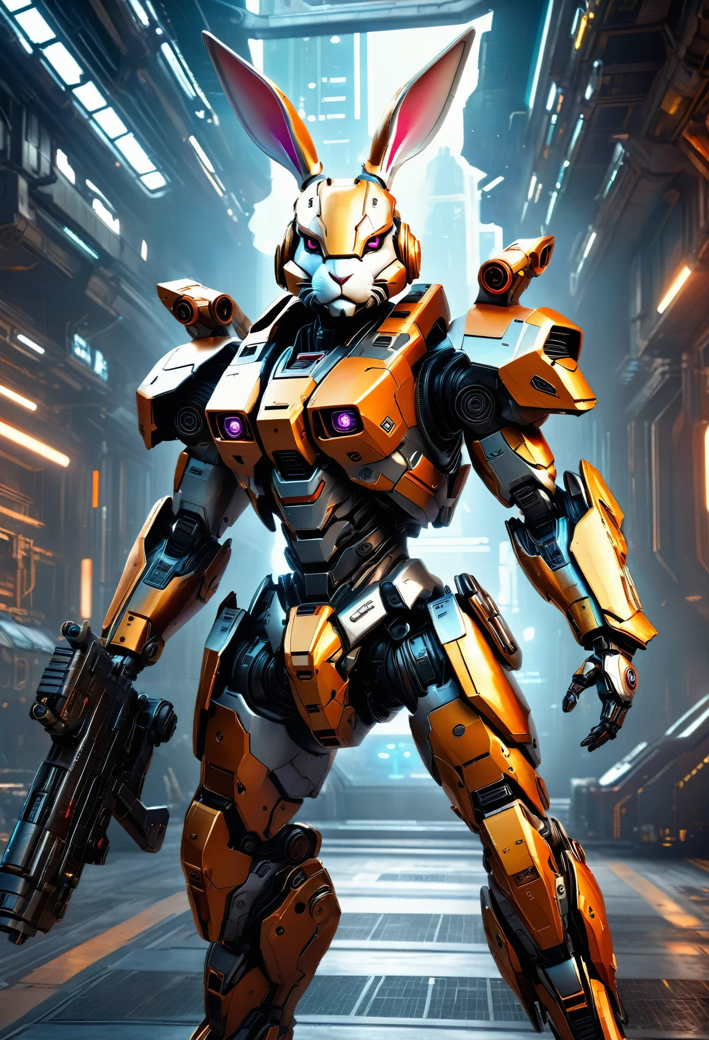 A mech with rabbit ears in a futuristic combat stance, rich in details, steel texture, cool and sci-fi vibe, enhanced by studio lighting effects like HDR and ultra-fine painting, set against a sci-fi background, highres, vivid colors, with a focus on realistic rendering and extreme detail description.