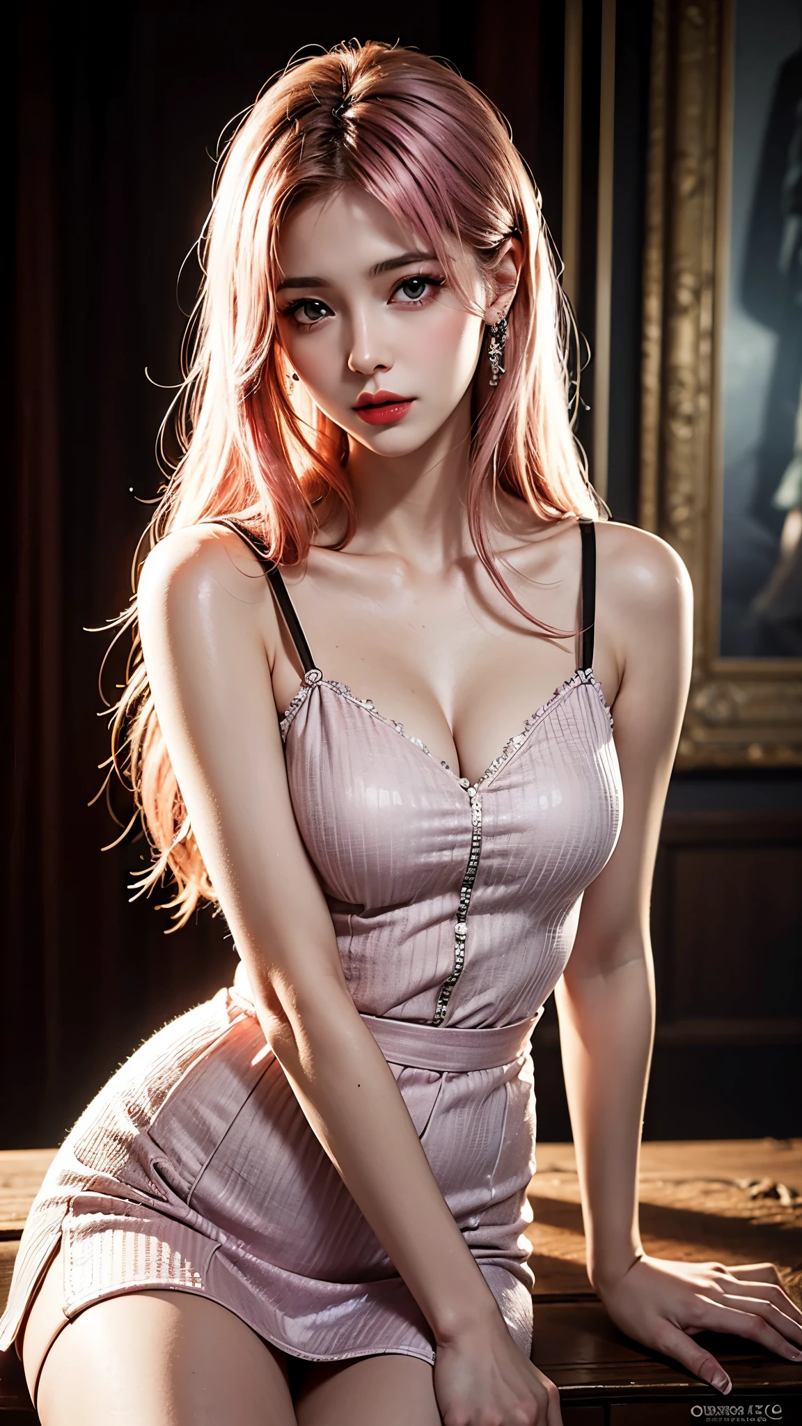 (best quality,8K,high resolution,masterpiece:1.2),Digital Artwork, A girl,Delicate face,Delicateeyes,Pink Hair,Long straight hair,Glowing purple eyes,red lips,Suspenders, High quality CG, feminine pose, Goethe style