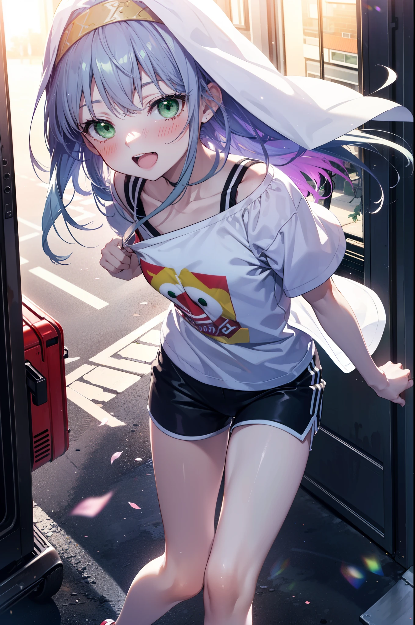 index, index, (Green Eyes:1.5), Silver Hair, Long Hair, (Flat Chest:1.2),happy smile, smile, Open your mouth,blush,hair band,Cordo shoulder top,Short sleeve,Shorts,Black tights,High-top sneakers,Daytime,Clear skies,whole bodyがイラストに入るように,Walking,
break looking at viewer, whole body,
break outdoors, In town,Building district,
break (masterpiece:1.2), highest quality, High resolution, unity 8k wallpaper, (figure:0.8), (Beautiful fine details:1.6), Highly detailed face, Perfect lighting, Highly detailed CG, (Perfect hands, Perfect ???????),