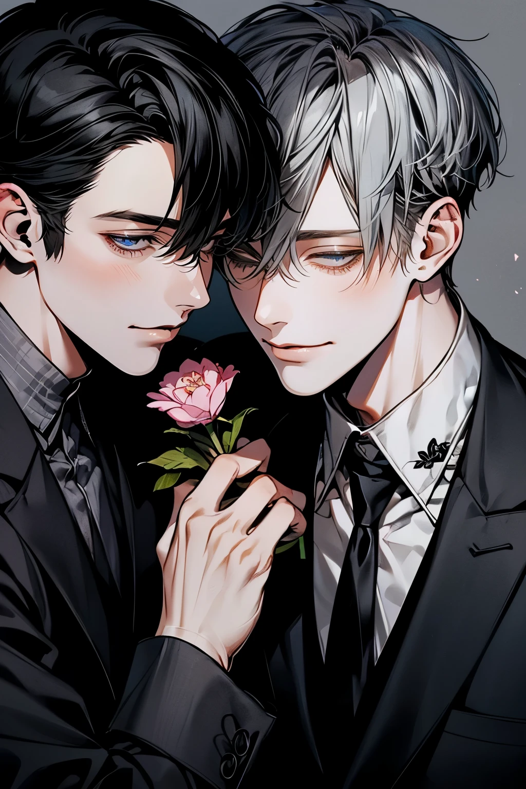 (Mastepiece), (Best Quality), Very detailed, ((Two men:1.5)), Perfect Face, Beautiful Face, Very detailedな顔，(Black-haired man:1.3)，(Grey-haired man:1.3)，suit，shirt，smile，flower