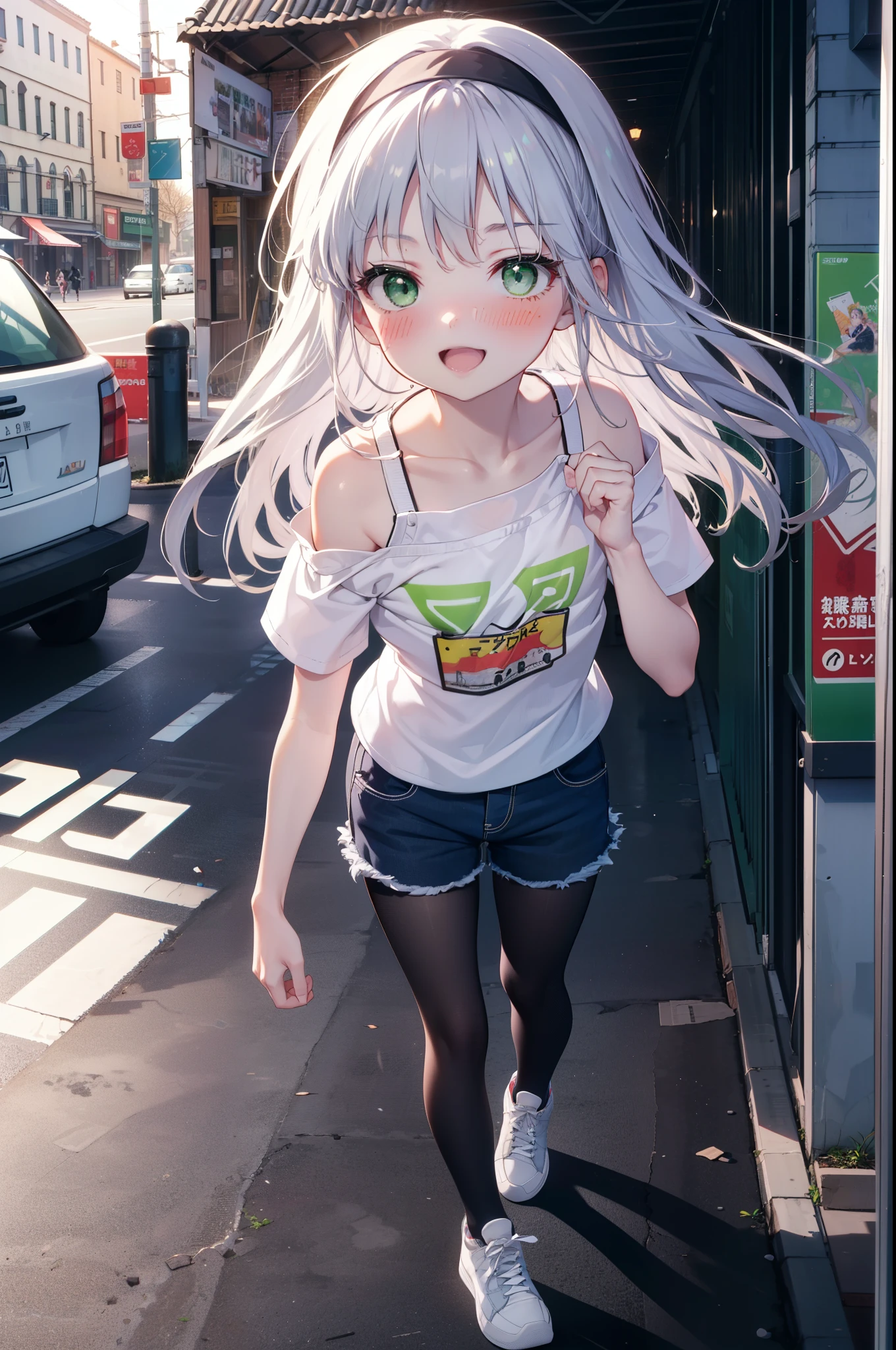 index, index, (Green Eyes:1.5), Silver Hair, Long Hair, (Flat Chest:1.2),happy smile, smile, Open your mouth,blush,hair band,Cordo shoulder top,Short sleeve,Shorts,Black tights,High-top sneakers,Daytime,Clear skies,whole bodyがイラストに入るように,Walking,
break looking at viewer, whole body,
break outdoors, In town,Building district,
break (masterpiece:1.2), highest quality, High resolution, unity 8k wallpaper, (figure:0.8), (Beautiful fine details:1.6), Highly detailed face, Perfect lighting, Highly detailed CG, (Perfect hands, Perfect Anatomy),
