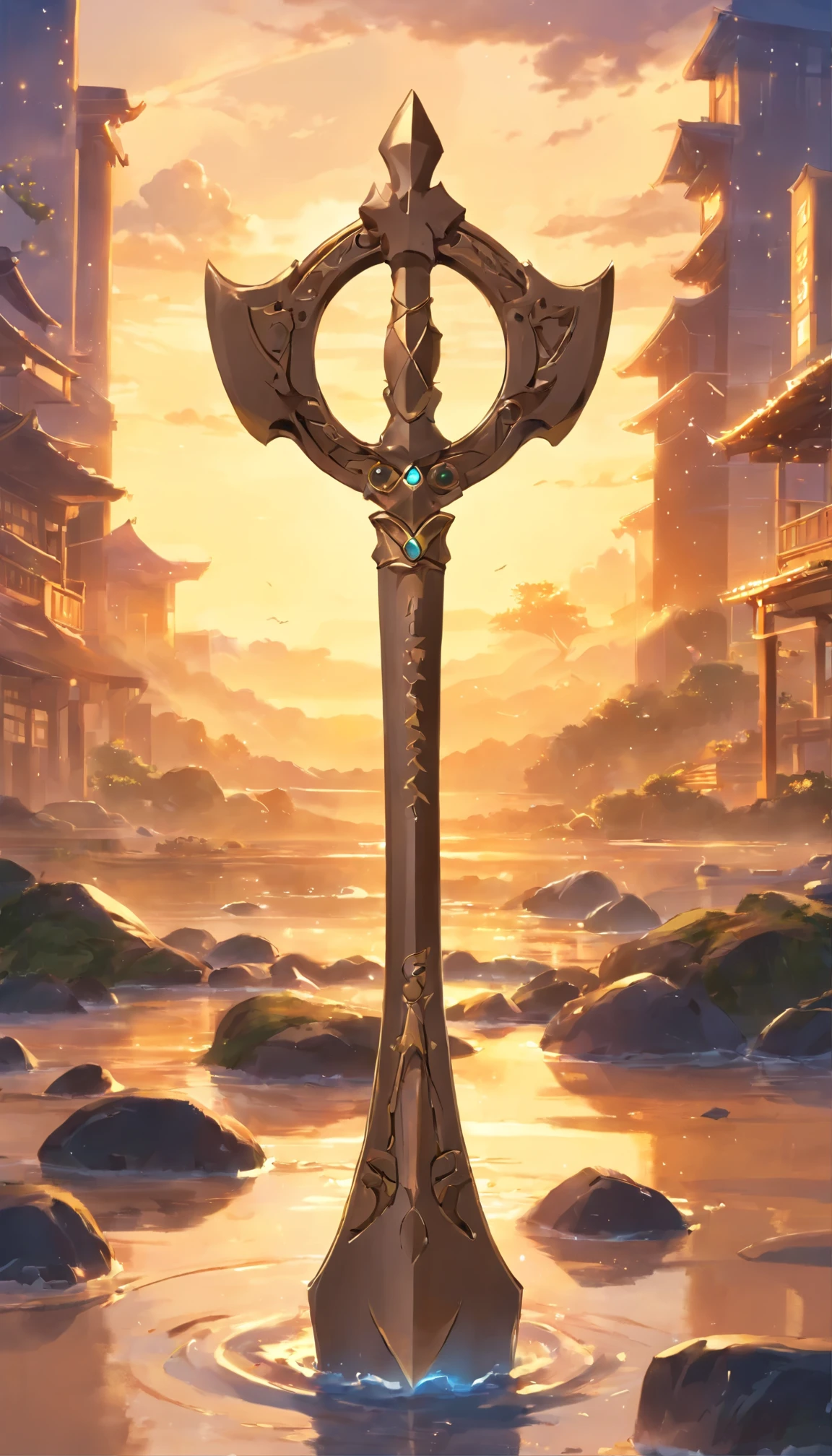 Create an image of a fantastical pickaxe that embodies the theme of time. The handle should be designed like an intricately carved hourglass, with golden sand flowing from the top to the bottom. The pickaxe's head should have a sleek, metallic sheen with engraved clock gears and roman numerals, symbolizing the passage of time. The overall color palette should blend earthy browns and rich golds, evoking a sense of ancient wisdom and timelessness. The background should feature a mystical, twilight setting with faint, glowing clock faces scattered throughout, enhancing the theme of time.