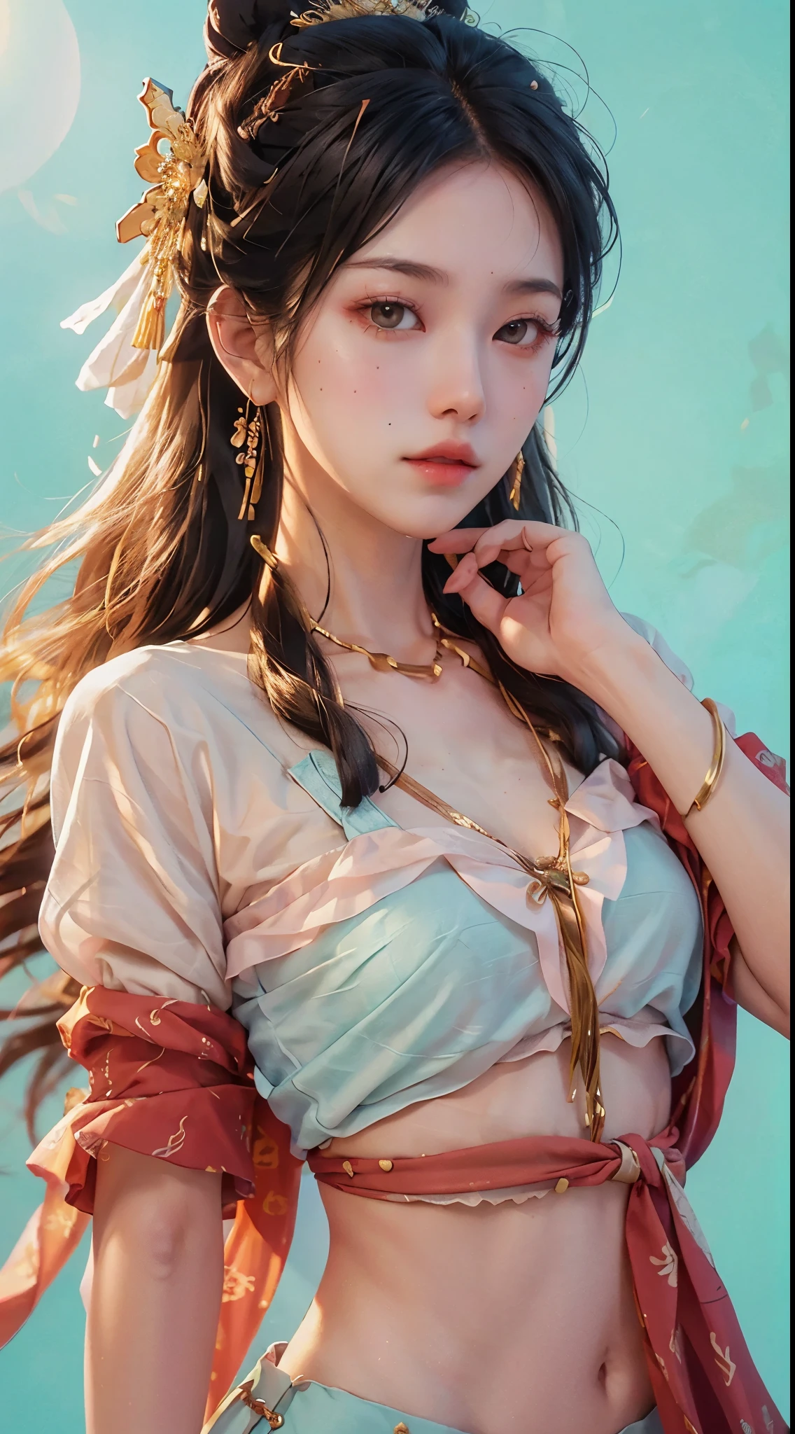(RAW Photo, Best Quality), (Realistic, Photo Realistic: 1.3), Best Quality, Highly Detailed, Masterpiece, Hyperdetail, Illustration, 1 Girl, upper_body, Dynamic Angle, World Masterpiece Theater, messy_long_hair, Best Quality, Extremely Detailed CG Unified 8k Wallpaper, Ink, Amazing, Cinematic Lighting, lens_flare, Chu Chu Touching,A kind face,A look of ecstasy,near-flat chest,Small Bust,Small breasts,A beautiful girl with a slim figure,Oriental Beautiful Girl,Light blue outfit,Light pink background,Suppress yellow,