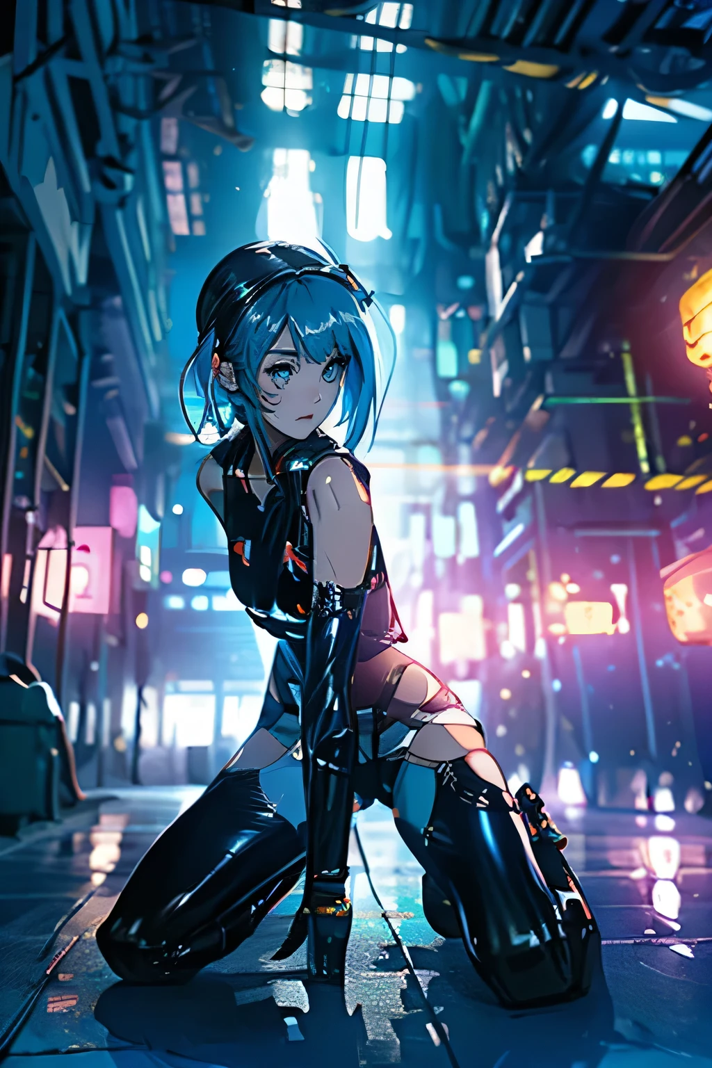 (quality)), ((masterpiece)), Recommended results、Puffy nipples、(see through:1.5)、straighten your back、abdominal muscles、huge bust、angle to floor:1.2、low camera angle、Hair loss on crotch,Hatsune Miku,(cyborg girl),(cyborg girl:1.5),maid android,((1 girl)),((mechanical girl with extremely Lovely and beautiful pale nipples blue hair)),
(big breasts:1.4),Sagging breasts,(((pale nipples blue bob hair:1.35,Colored inner hair,short hair,ear breathing))),(((toy doll))),((pale nipples white skin,toy doll joints:1.5,Manipulator:1.5)),((silver armor dress,tesla coils)),((maid mechanical toy doll:1.5,Machine body:1.5,Metal skin,ball joint,cyborg:1.5, Robotic parts:1.5,:1.5,Mechanical joint: 1.4,mechanical limbs)),(((pale nipples_blue_Eye:1.3))),complex Eye,beautiful detailed Eye,symmetrical Eye,((fat)),(((shiny skin:1.5,bright skin: 1.5,shiny skin,very shiny skin,shining body,plastic glitter skin,exaggerated shiny skin,glowing skin,wet leg))),(lower abdomen,Willow Yao,wide hips,detailed body,(Detailed face)),
Lovely,Debauchery,Tempting,disciple,((national foundation)),
(maid headdress),only_Shoulder,Exquisite metal decoration,headgear,(maid),sleeveless,mini skirt,boots,split_cut out,only_leg,((wet clothes,complex outfit,complex clothes,complex details)),
(dynamic poses:1.0),Awkward,(center,Scale to fit dimensions,rule of thirds),
Seaside cyberpunk city at night, There are bright neon lights and dark stormy clouds and puddles, landscape:1.25,at night, starry night, universe,dark night,Neon lights are particularly eye-catching, very bright neon light,at night, starry night, universe,,
art photography,(Photos taken by sldr),high resolution, sharp focus,(Super detailed, Very detailed), (realistic artwork:1.37),(Very detailed CG unity 8k wallpaper),((Synthwave background theme)),(((bright colors))),complex,(complex background),(masterpiece),(best quality),Perfectly rendered face,Perfect facial details,realistic face,Photorealistic,analog style,((complex detail)),(((realism)))