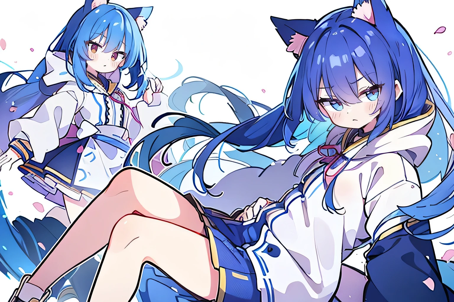 （masterpiece：1.2），Super detailed，lifelike，Expressive eyes，fair skin，perfect face shape，1 girl，
Japanese comics,Gorgeous blue hair,flowing blue hair,flowing clothes,Cat ears,Petals fall,beautiful lola,Baby Angel,sunrise,
Shaking head with one hand，Cross your legs，Gentle and peaceful background，The pavilion is cool and comfortable,smile, wearing hoodie, background of tokyo,back views,snowing, winter.