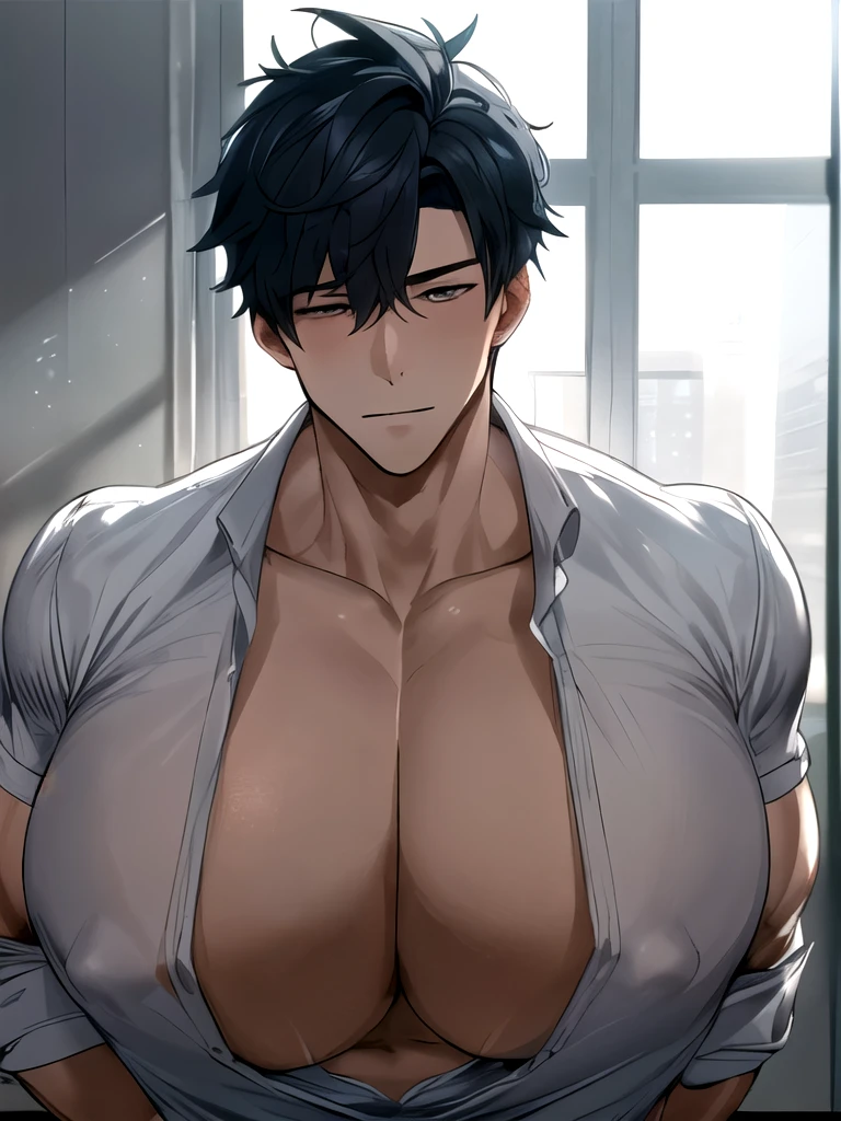 One boy, Face Focus, Adult, sexy, highest quality, employment, Detailed face, office, Building seen from the window, Detailed Background, Diffused sunlight, Depth of written boundary, Bokeh、Huge and very heavy pectoral muscles、tits、hentai、muchimuchi