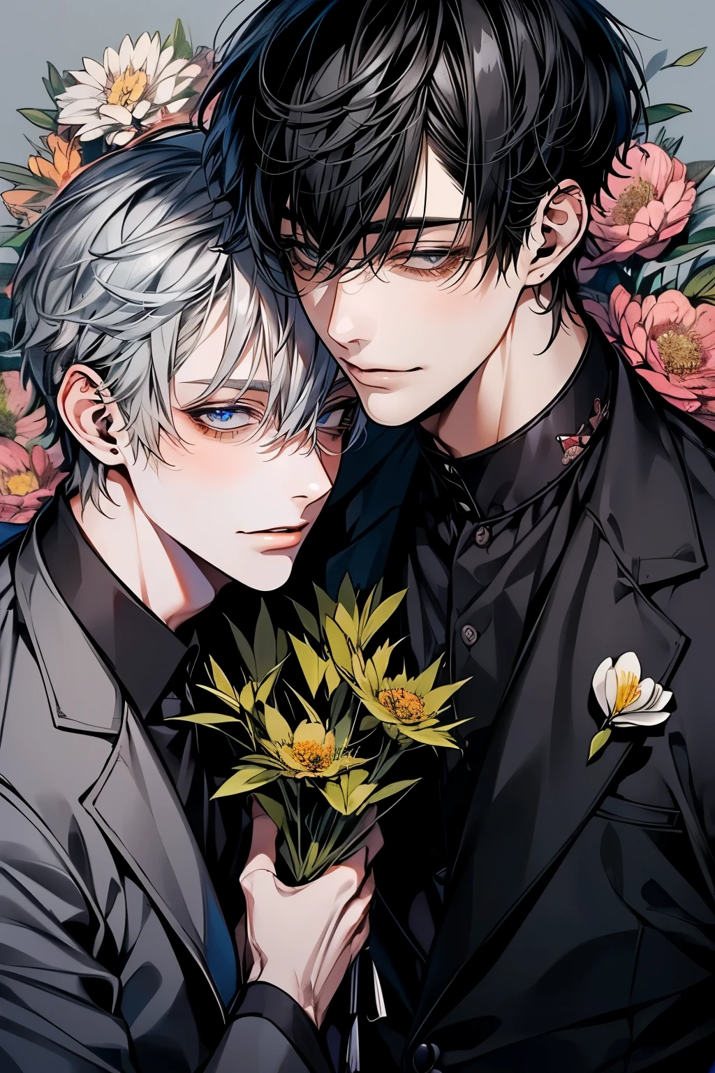(Mastepiece), (Best Quality), Very detailed, ((Two men:1.5)), Perfect Face, Beautiful Face, Very detailedな顔,(Black-haired man:1.3),(Grey-haired man:1.3),suit,shirt,smile,Lots of flowers