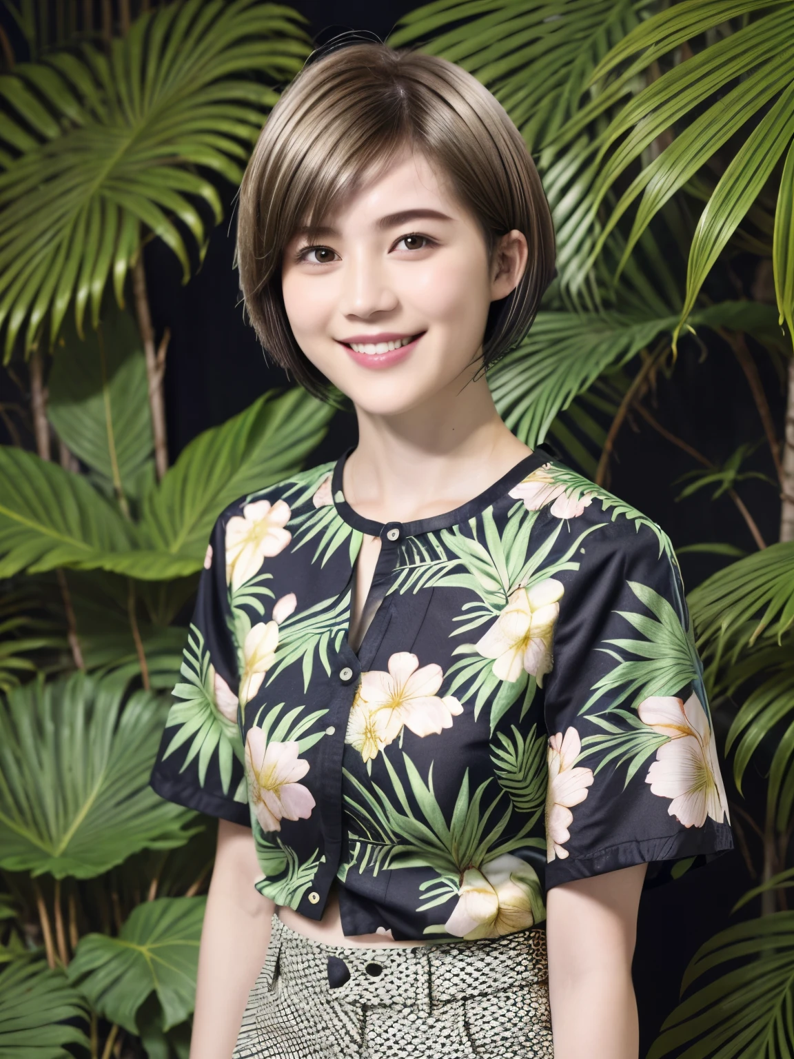 231 (18-year-old female,Floral clothes), ((short hair:1.46)), (Pants Style), (A kind smile), (Jungle Pattern)
