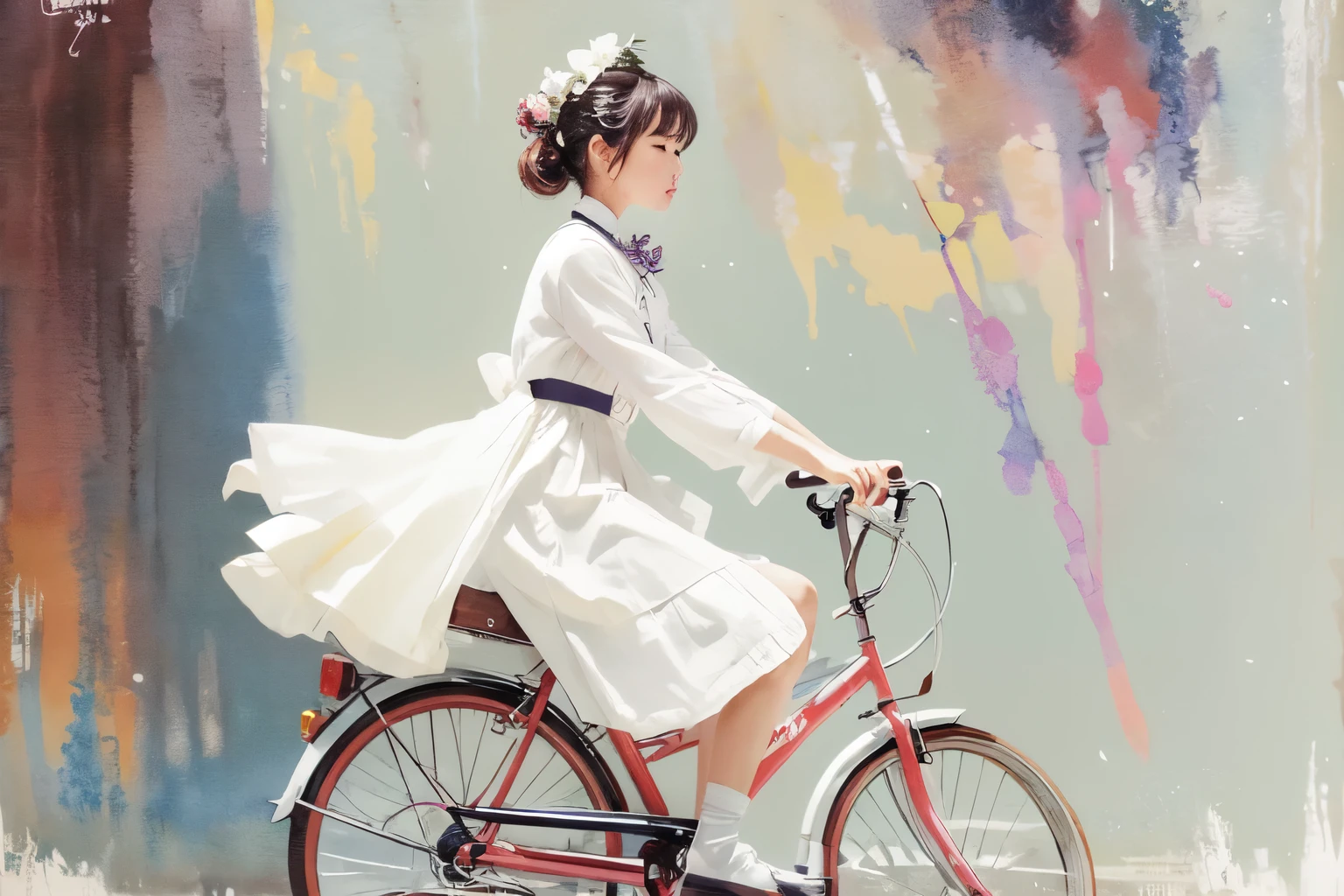 (highest quality、masterpiece)、(A  riding a bicycle、Mamachari、alone、whole)、(From the side)、(Cute Face)、short hair、White Sailor Suit、uniform、Long skirt、Pleated skirt、shoes、(No background)、White Background、Blur the background、(Watercolor of singer Sargent)、Impressionist style painting、