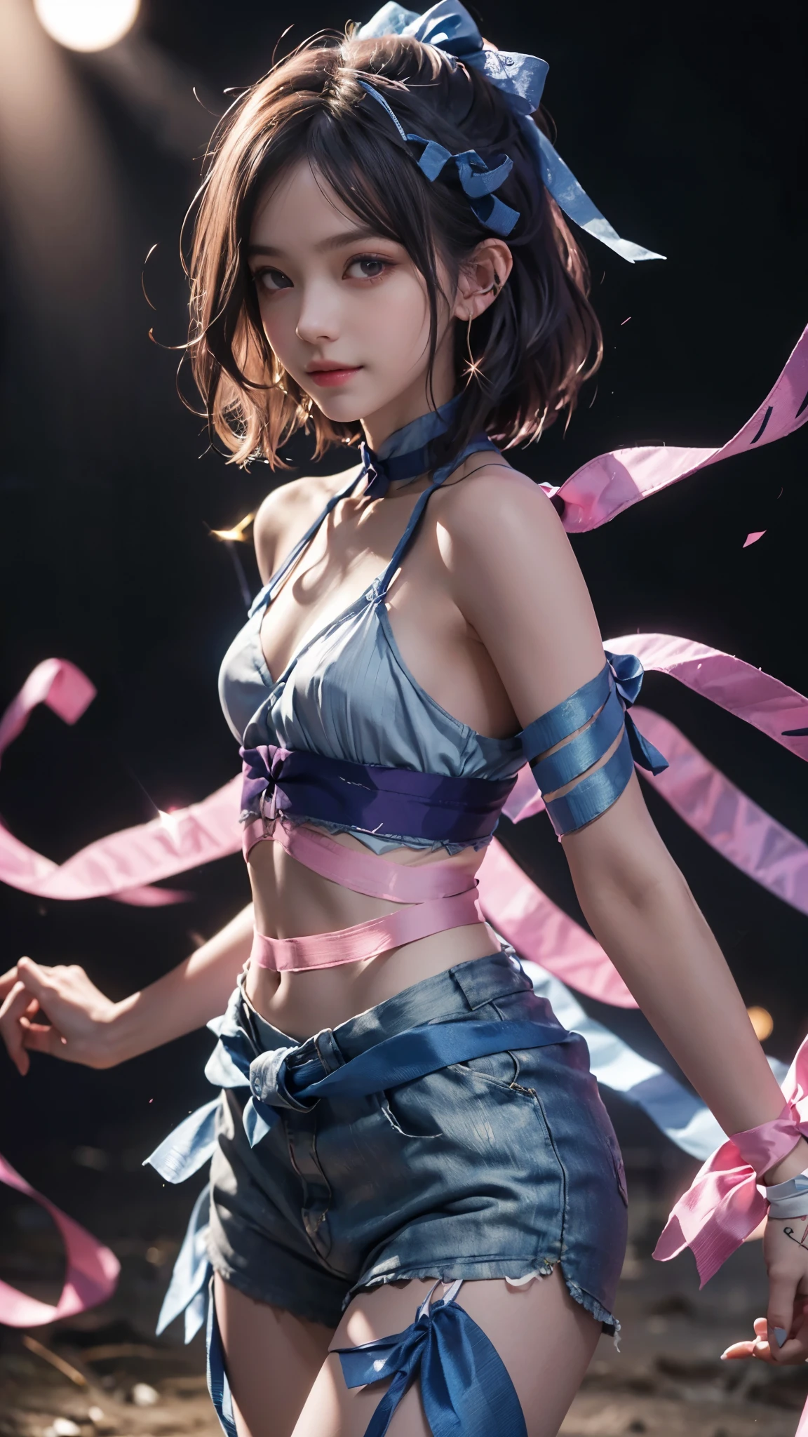 (ultra-realistic realism), (illustratio), (A high resolution), (8K), (The is very detailed), (Best Illustration), (Beautifully detailed eyes), (top-quality), (ultra - detailed), (tmasterpiece), (the wallpaper), (A detailed face), solo, 1 girl in, looking at viewert, finedetail, A detailed face, in the darkness nigth, deep shading, low tune, pureerosfaceace_V1, A smile, blue shawl ,straight hair, 46-point diagonal bangs, (Silk clothing, short clothing, strips), (strips:1.5), (strait ribbon:1.5), (cropped shoulders), The view of the night city,Light pastel coloured outfit,Nipples,streaks,Small breasts,near-flat chest,Very small hips,Very thin waist,Very thin legs,Very thin thighs,Morning Glow,In the spotlight,Pink nipples,Long inseam,Dancing naked,