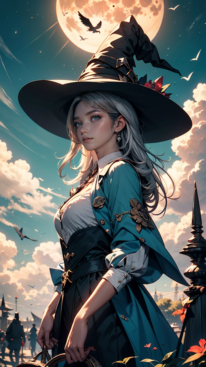 highest quality, Very detailed, masterpiece, Super detailed, cloud, witch_Have, Have, One girl, null, green_null,Day, length_hair, cloudy_null, moon,bird, alone, Silver_hair, witch, Outdoor