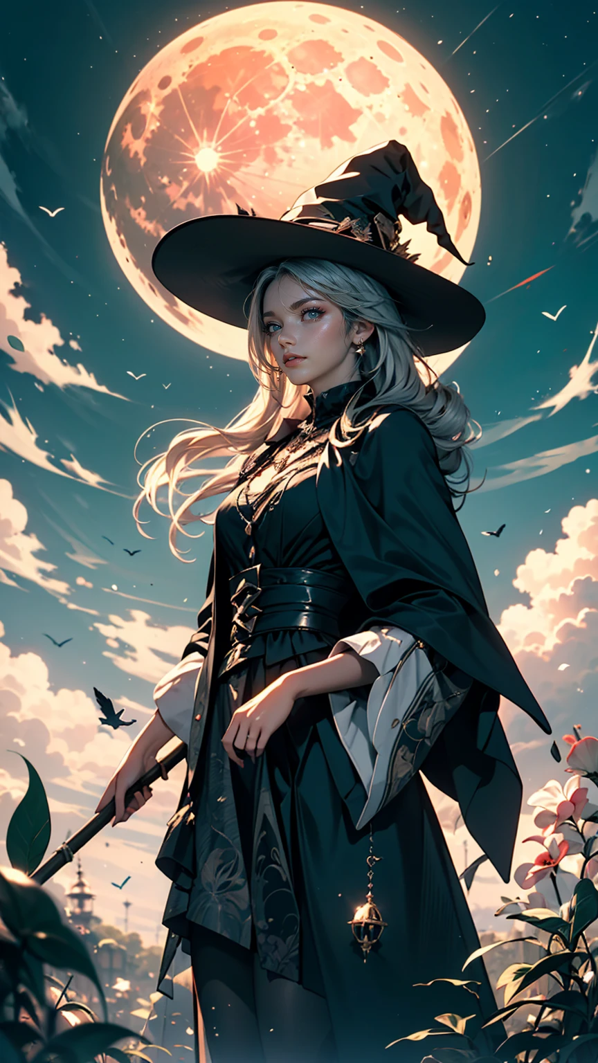 highest quality, Very detailed, masterpiece, Super detailed, cloud, witch_Have, Have, One girl, null, green_null,Day, length_hair, cloudy_null, moon,bird, alone, Silver_hair, witch, Outdoor 