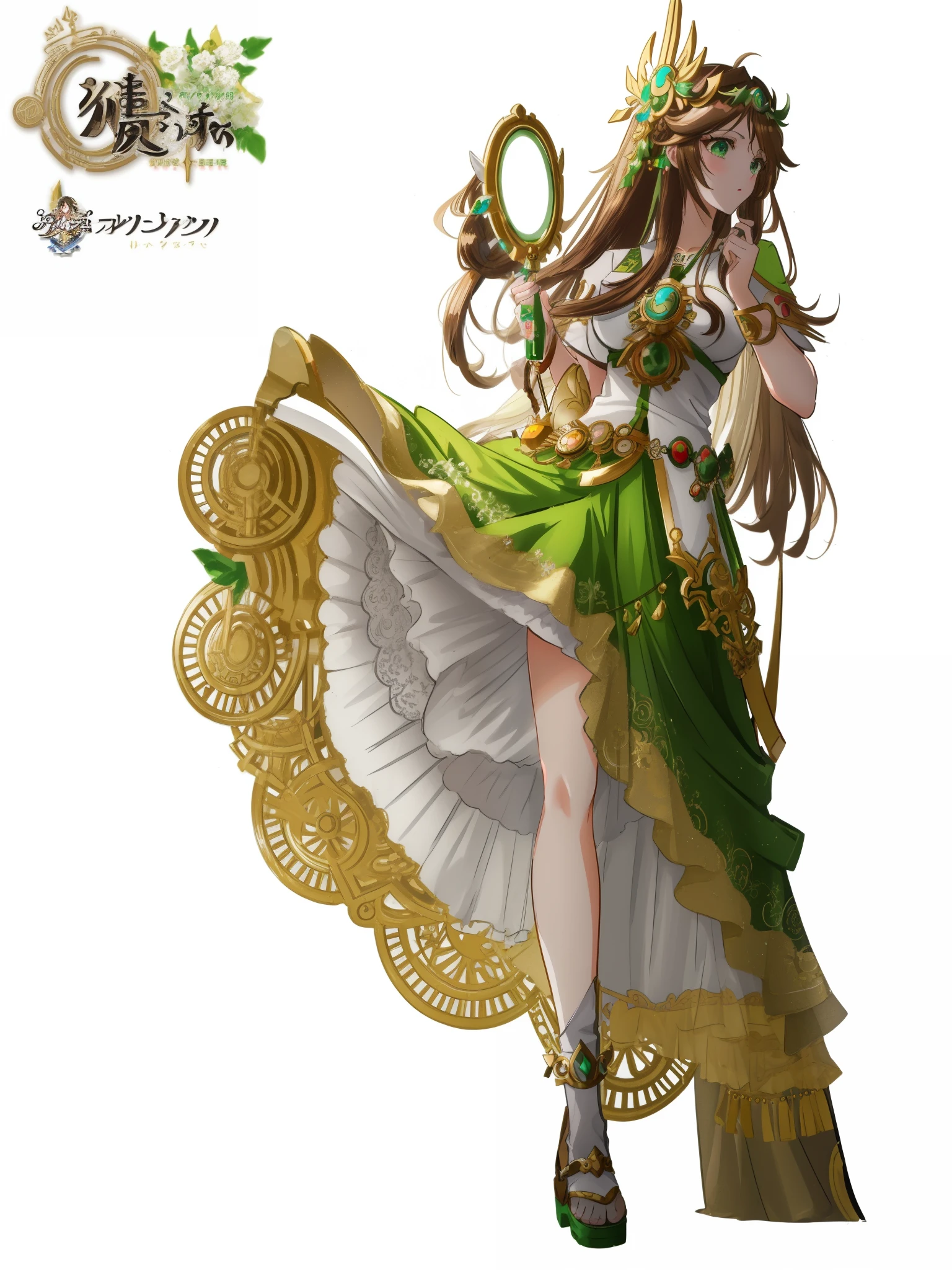 (brown hair swept bangs:1.3), anime character dressed in green and white holding a large knife, lady palutena, palutena, the non-binary deity of spring, official character art, palutena smash, cushart krenz key art feminine, anime character; full body art, personification of greed, official character illustration, shadowverse character concept, steampunk beautiful anime woman