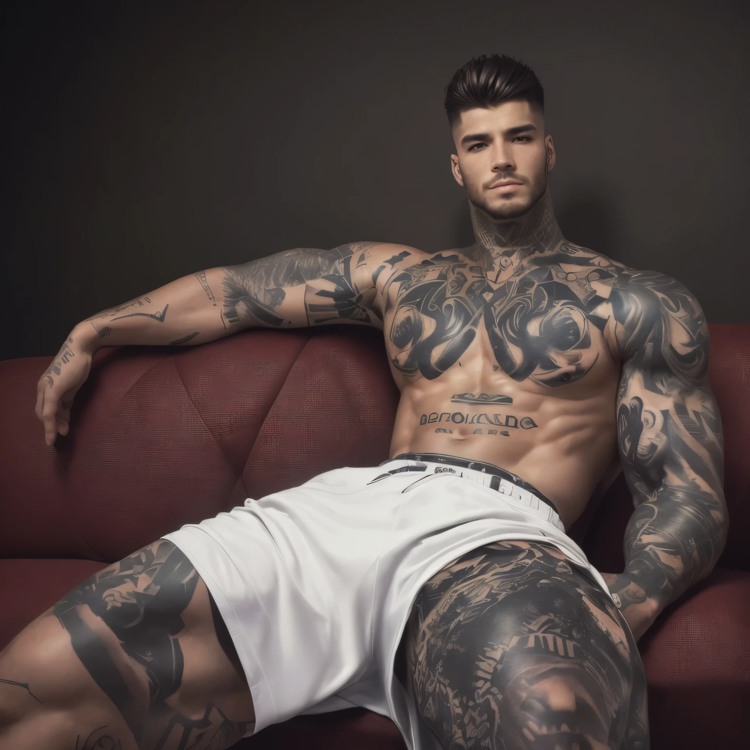 sharp man sitting on a sofa, com tatuagens no corpo todo, short realista detalhado, perna tatuada realista, posando para uma foto, pose de bolo, corpo musculoso tatuado, sem camisa :: alto detalhe, homem tatuado, strong masculine traits, corpo tatuado, muscular!!, corpo tatuado, inspirado em Ludovit Fulla, masculino e forte, pose masculina, pernas bonita tatuadas realista