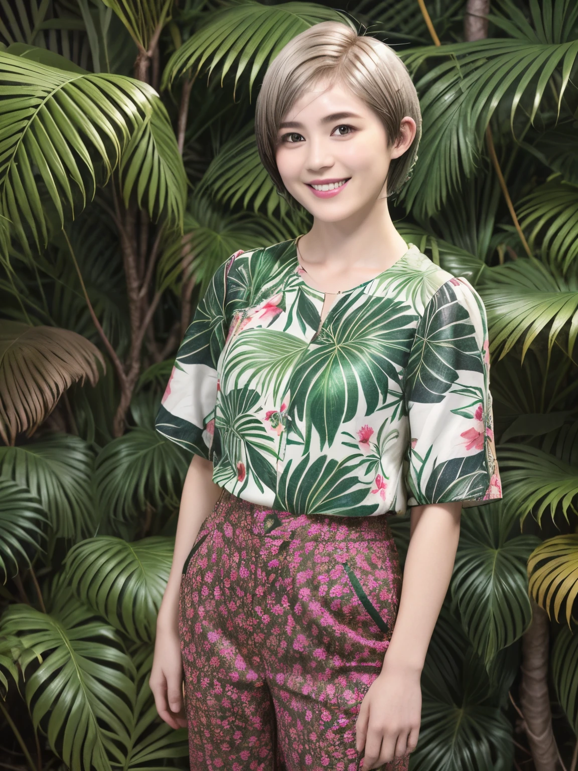 231 (18-year-old female,Floral clothes), ((short hair:1.46)), (Pants Style), (A kind smile), (Jungle Pattern)