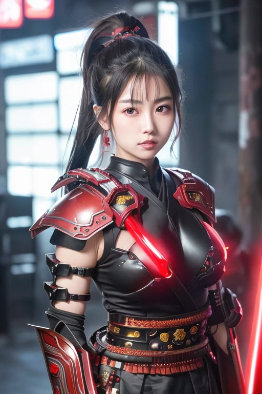 High resolution、8k、Raw photo、whole body、Beautiful age Woman、One Japanese woman、Big beautiful eyeedium chest、Black ponytail、Shiny、((Wearing red and black cyberpunk mechanical samurai armor))、A neon-lit cyberpunk park、Holding a sword、Japanese sword、Japanese Girl Samurai