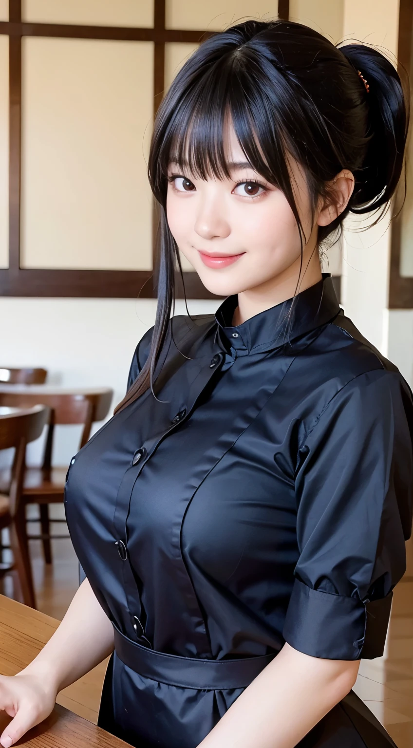 (highest quality,masterpiece:1.3,Ultra-high resolution,),(Very detailed,Caustics),(Photorealistic:1.4,RAW shooting,)Ultra-Realistic Capture,Very detailed,High resolution 16K human skin closeup。 Natural skin texture、,Pores、、、、It must be detailed enough to be easily identifiable。 Skin tone is even and healthy looking。 Use natural light and color,restaurant,Waitress Uniform,1 girl,Japanese,18-year-old,cute,Black-haired,ponytail,Big Breasts,smile,Turn your body forward,(Front view:1.1),Looking at the camera,Cowboy Shot,