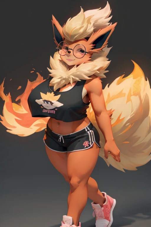 ((Flareon)), anthropomorphic, large breasts, big butt, pokemorph, (((1girl))), (((black cropped tank top))), (black and pink gym short shorts), (pink sneakers), full body, cute and sexy, fiery red skin, (round glasses), long slender legs, smiling