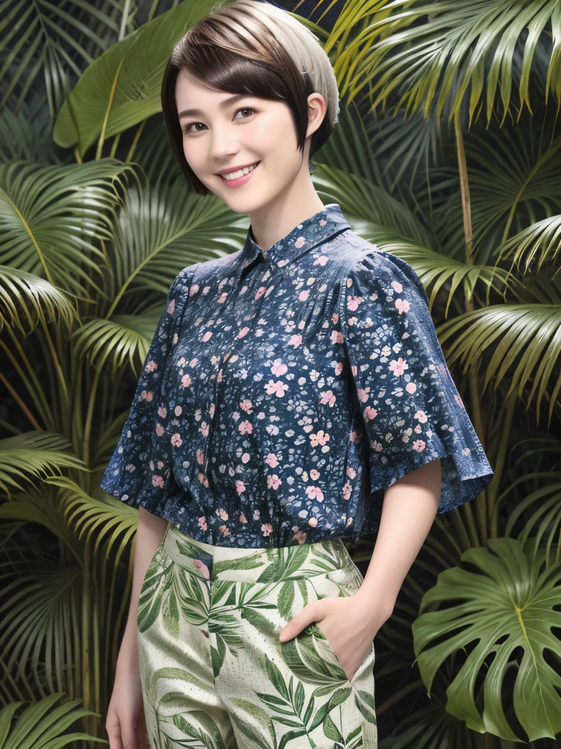 231 (18-year-old female,Floral clothes), ((short hair:1.46)), (Pants Style), (A kind smile), (Jungle Pattern)