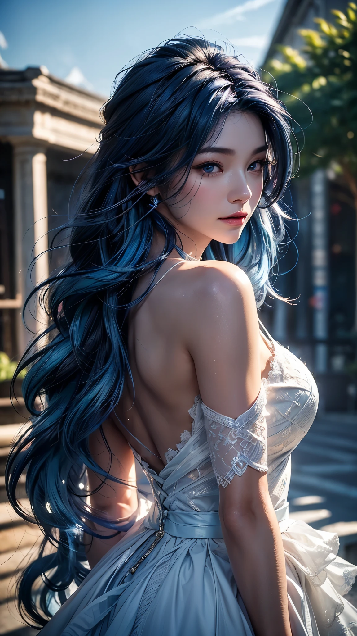 (masterpiece, best quality, beautiful and aesthetic:1.3), look back, side view, 1 girl, Happy,  giggle,  (Dark blue hair Gradient sky blue hair:1.6), Absurdly long hair, Single side lock, curls, shiny hair, Flowing hair, (Deep purple eyes), Exquisite eyes, Aqua eyes, Super high detail eyes, long upper eyelashes, cosmetic, focus on face, Very rich facial details, Pretty Face, Perfect breasts, Hot body, (The skin texture is delicate:1.2), white Wedding dress, Lace-trimmed dress, transparent, Wedding dress, outdoor, White Rose, garden, morning, Everlasting, Very detailed, 