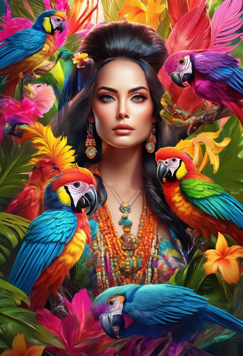 A beautiful woman with tropical bird features, detailed sharp facial features, large eyes, colorful bright feathers, alchemist, detailed anatomy, feminine figure, photorealistic, masterpiece, 8k, ultra-detailed, hyper-realistic, vibrant colors, dramatic lighting, intricate details, fantasy, digital art