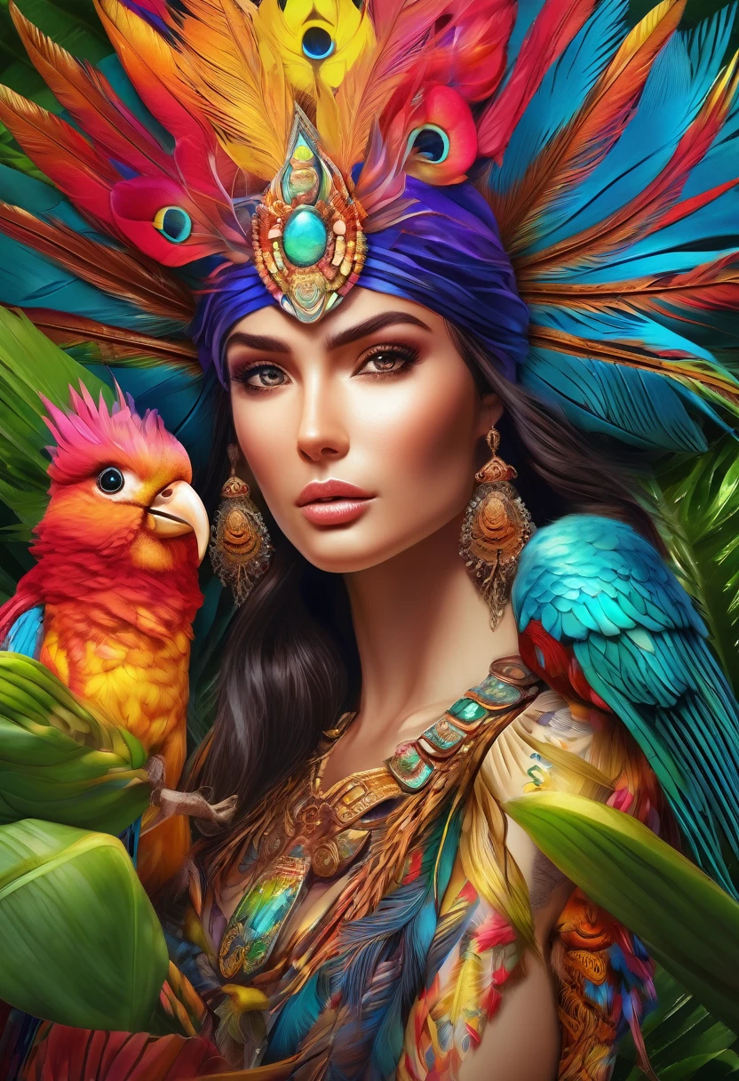 A beautiful woman with tropical bird features, detailed sharp facial features, large eyes, colorful bright feathers, alchemist, detailed anatomy, feminine figure, photorealistic, masterpiece, 8k, ultra-detailed, hyper-realistic, vibrant colors, dramatic lighting, intricate details, fantasy, digital art