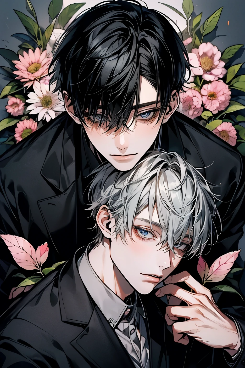 (Mastepiece), (Best Quality), Very detailed, ((Two men:1.5)), Perfect Face, Beautiful Face, Very detailedな顔，(Black-haired man:1.3)，(Grey-haired man:1.3)，suit，shirt，flower