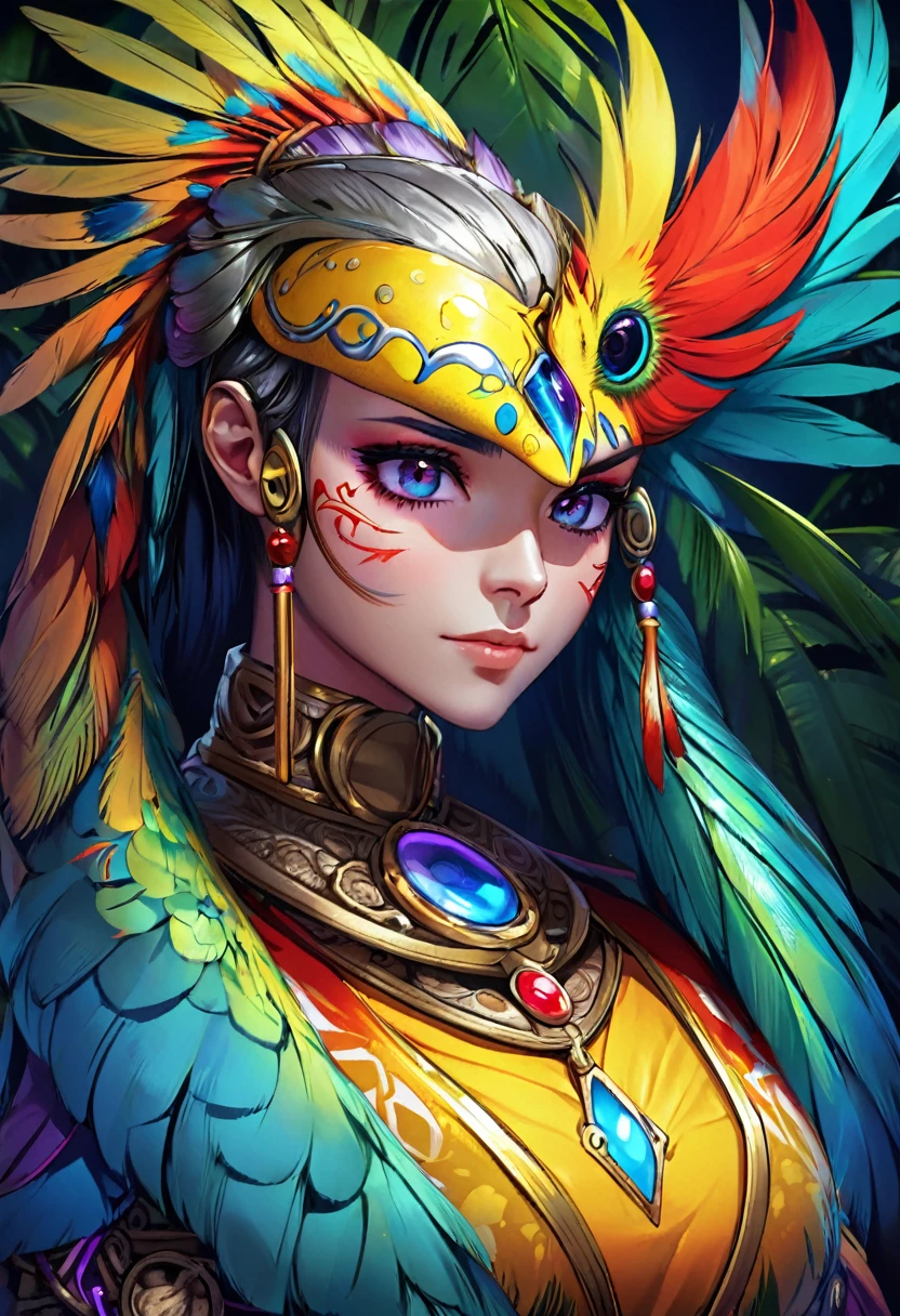 a woman with the body of a tropical bird, beautiful detailed face, sharp features, large eyes, patches of bright feathers, working as an alchemist, high quality, 8k, photorealistic, highly detailed, cinematic lighting, vibrant colors, fantasy, digital art