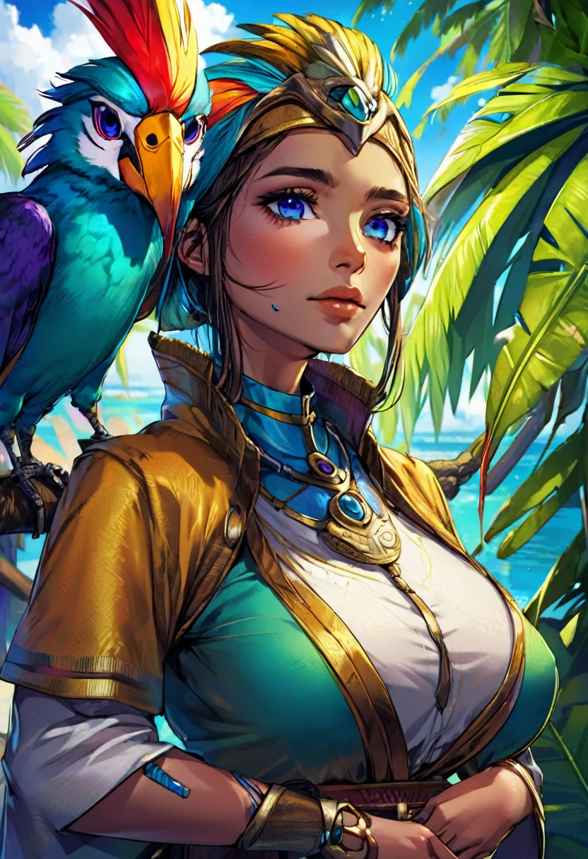 a woman with the body of a tropical bird, beautiful detailed face, sharp features, large eyes, patches of bright feathers, working as an alchemist, high quality, 8k, photorealistic, highly detailed, cinematic lighting, vibrant colors, fantasy, digital art