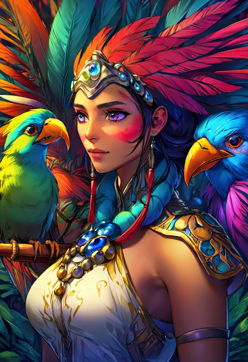 a woman with the body of a tropical bird, beautiful detailed face, sharp features, large eyes, patches of bright feathers, working as an alchemist, high quality, 8k, photorealistic, highly detailed, cinematic lighting, vibrant colors, fantasy, digital art