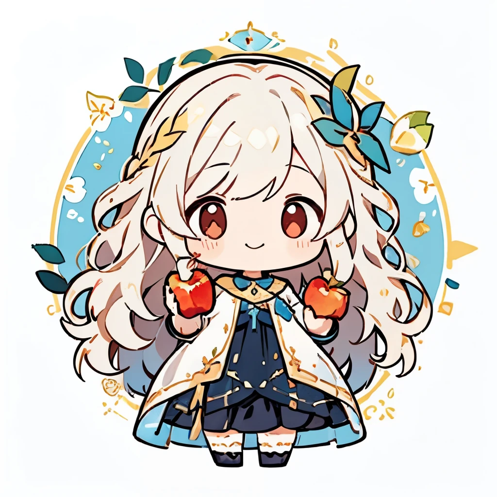 transparent watercolor、girl、Jewel Eyes、Beautiful arrangements and motifs、Depth of bounds written、flat avatar, 1girl, Smile, ((wavy hair)), leaves in hair、yellow object、hair with white tips, Fashionable Design Clothing((blue and white)),background white, Cute Girl、red eyes、light golden hair、Holding an apple in your hand、Black lace dress、apple next to face、hold up an apple
