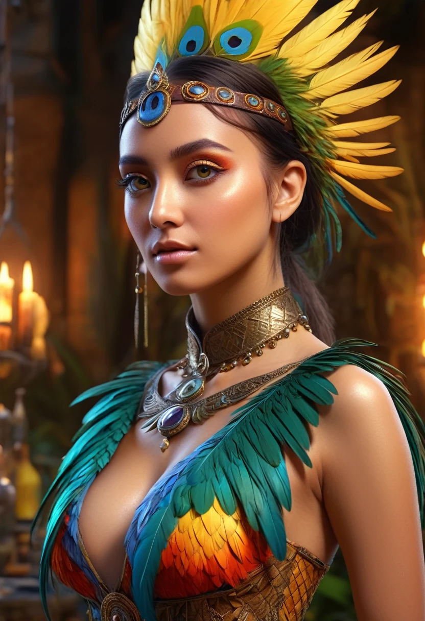 a lovely woman with the body of a tropical bird, detailed face with sharp features, large eyes, patches of bright feathers, working as an alchemist, high quality, 8k, photorealistic, detailed description, digital art, fantasy, magical realism, warm colors, dramatic lighting