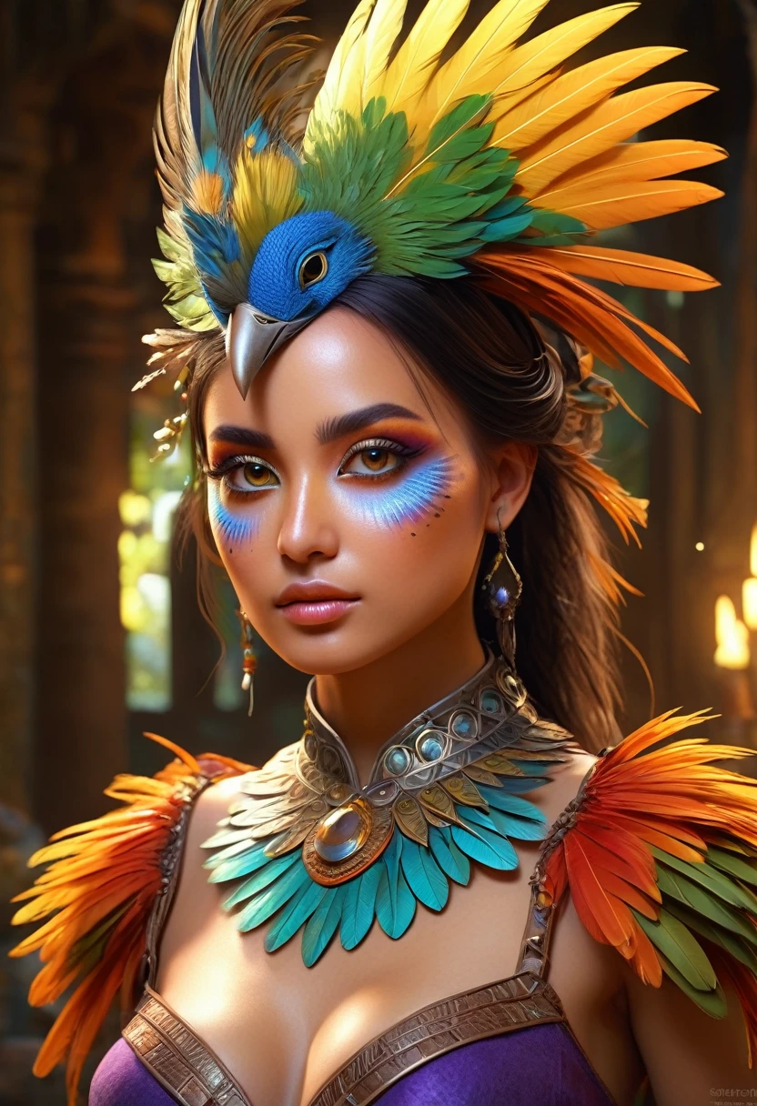 a lovely woman with the body of a tropical bird, detailed face with sharp features, large eyes, patches of bright feathers, working as an alchemist, high quality, 8k, photorealistic, detailed description, digital art, fantasy, magical realism, warm colors, dramatic lighting