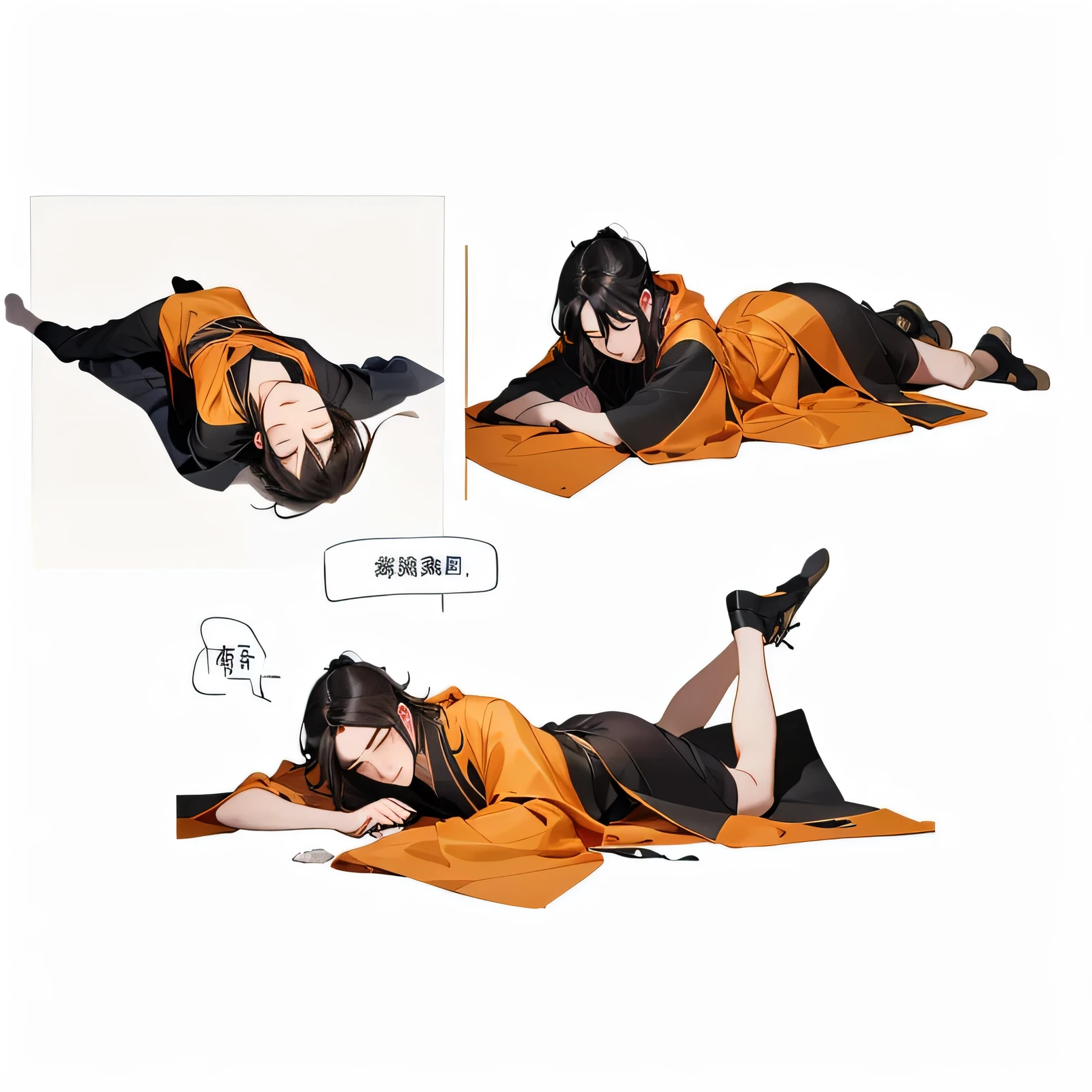 Tang dynasty male，Man fell dead，Wearing a black robe，lie on the floor，whole body，Blank Background