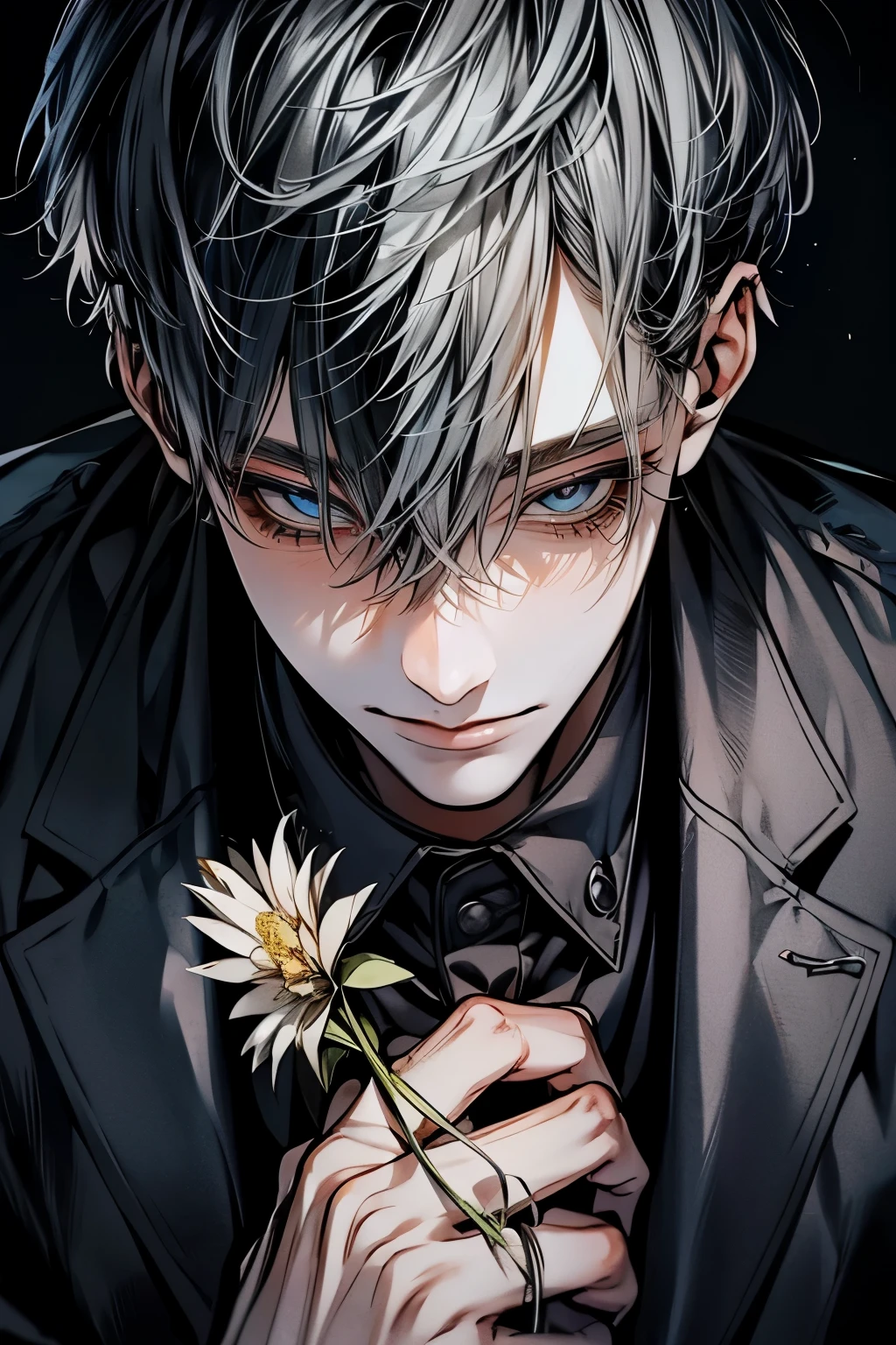 (Mastepiece), (Best Quality), Very detailed, ((Two men:1.5)), Perfect Face, Beautiful Face, Very detailedな顔，(Black-haired man:1.3)，(Grey-haired man:1.3)，suit，shirt，flower