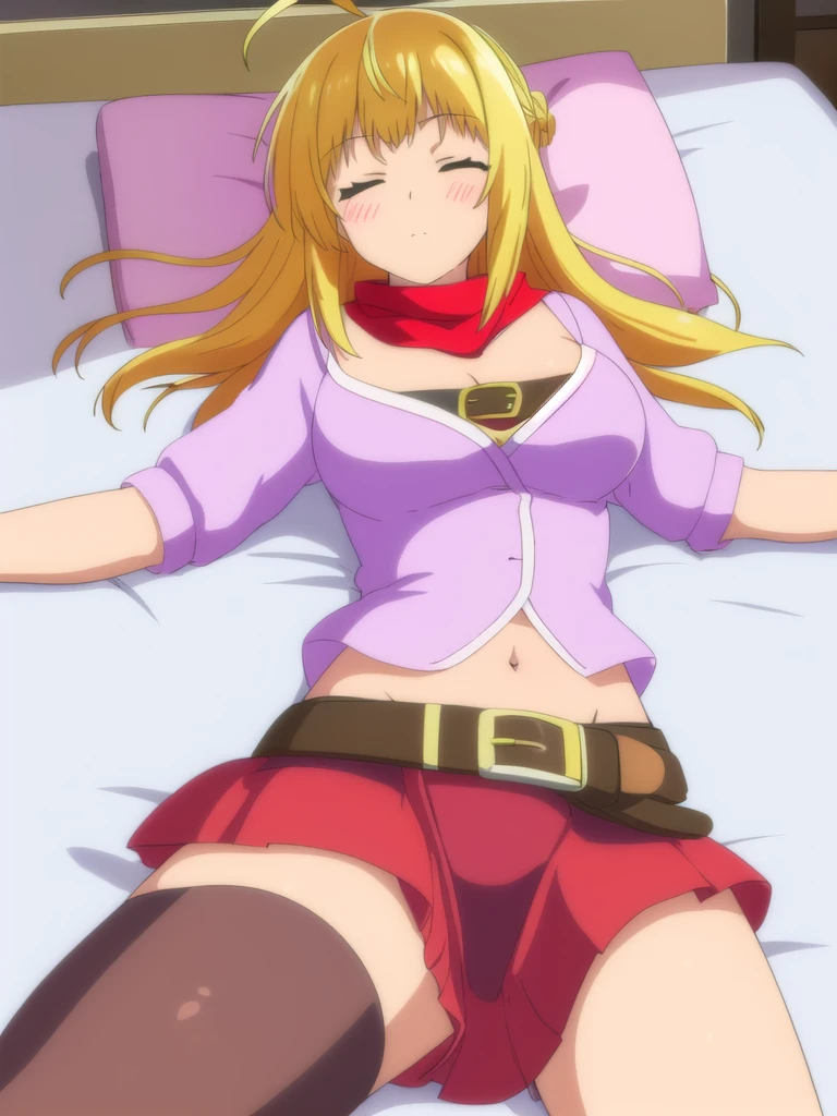 (((Best quality))),((Ultra-detailed)),((illustration)),((Disheveled hair)),((frilld)),(1 girl),(Solo), 1girl,ahoge,bed,bed sheet,belt,belt buckle,blue legwear,blush,bow,breasts,buckle,christmas,closed eyes,eyebrows visible through hair,fur trim,futon,hair ribbon,indoors,long sleeves,lying,midriff,miniskirt,navel,on back,on bed,pillow,purple legwear,red bow,red legwear,red ribbon,red scarf,red skirt,ribbon,shirt,long hair,skirt,sleeping,solo,thighhighs,blonde hair,