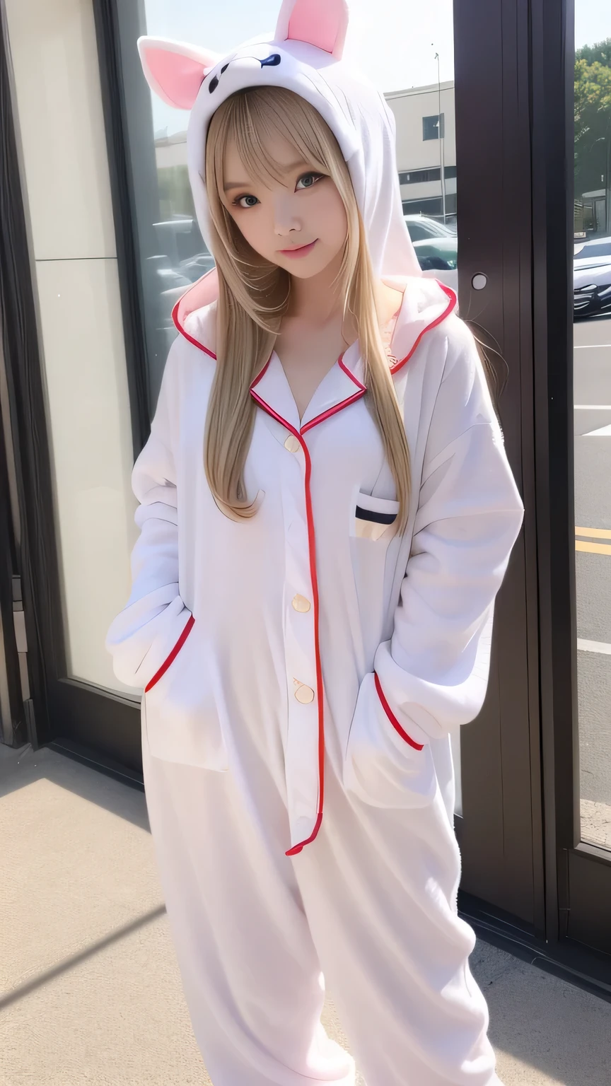 Kigurumi Costume Pajamas、Sexy Big 、A cute -yeld giwith a sexy and cute look, beautiful and sexy face、A strong wind blows my hair in front of my face、With straight blonde hair、beautiful, Cute and sexy eyes hidden behind long bangs、Costume pajamas