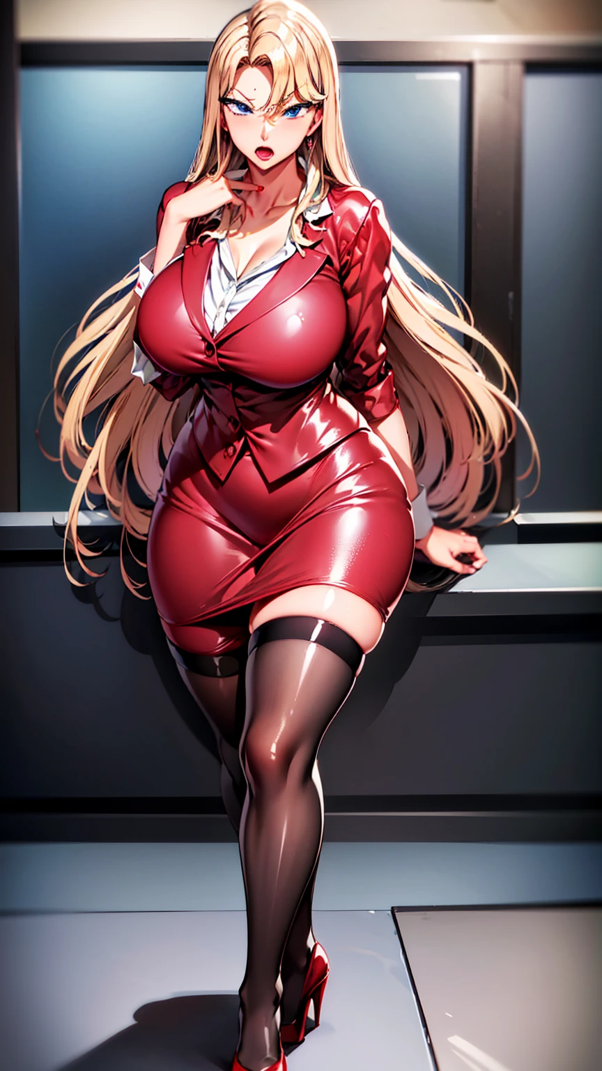 Reika Kuraskiki, Reika Kuraskiki from Saimin Seishidou, blue eyes, blonde hair, red office worker outfit with red pencil skirt, white dress shirt under red office worker outfit, pantyhose, red high heels, big breasts, wide waist, big ass, thick thighs,