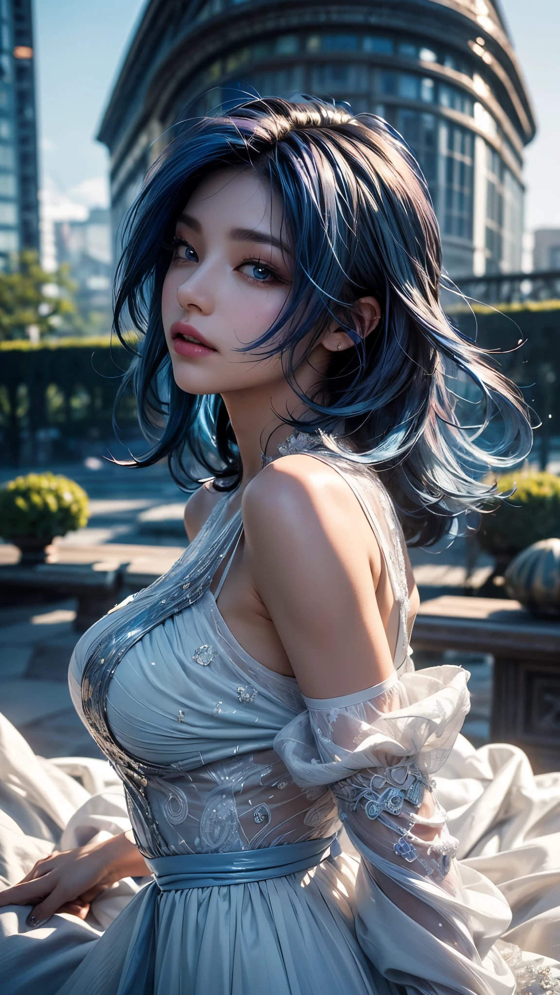 1girll, anime《Naruto》Akatsuki Konan, Short hair, Blue hair, Yellow eyes, Smile, Beautiful, Sexy dress, Sexy clothes, Black clothes, very Bigger breasts, Realistic clothes, Detail Clothing, Outdoor background, Ultra detail, Realistic